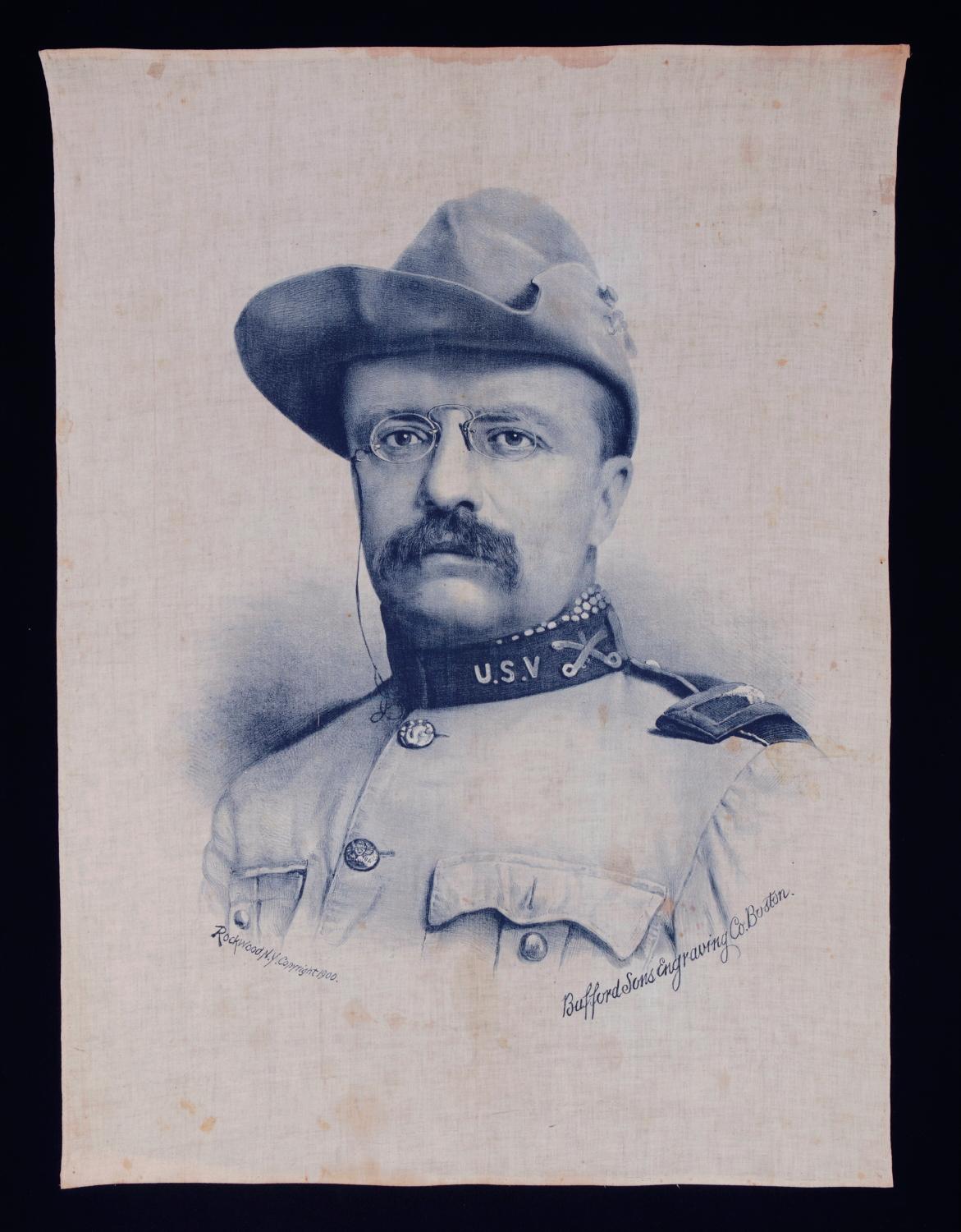 THEODORE ROOSEVELT BANNER WITH AN EXQUISITE PORTRAIT IMAGE IN ROUGH RIDER'S GARB, COPYRIGHTED BY GEORGE ROCKWOOD (INVENTOR OF THE CDV), PRINTED IN BOSTON; ALMOST CERTAINLY MADE FOR USE ON THE 1900 PRESIDENTIAL CAMPAIGN, DURING WHICH T.R. MADE 673