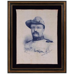 Antique Theodore Roosevelt Banner with an Exquisite Portrait Image in Rough Rider's Garb