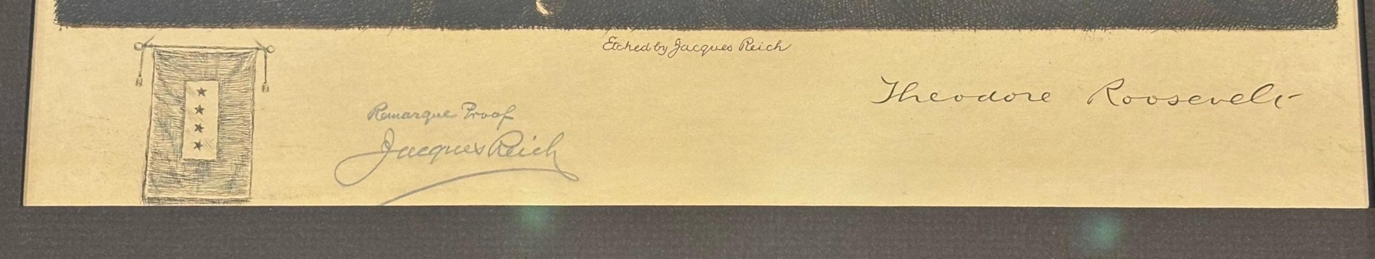 Early 20th Century Theodore Roosevelt Etching by Jacques Reich, Signed Remarque Proof, 1919 For Sale