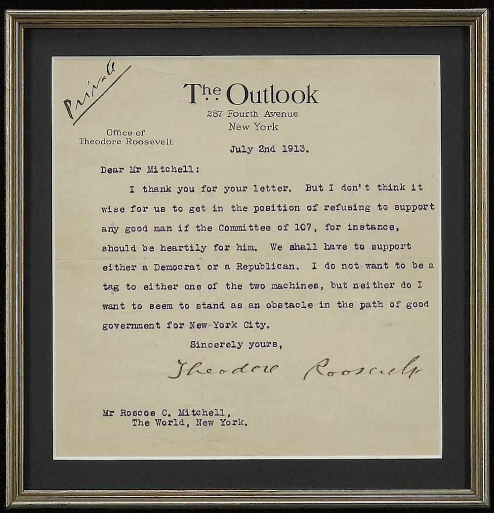 Es handelt sich um einen maschinengeschriebenen Brief mit der Unterschrift von Theodore Roosevelt vom 2. Juli 1913 auf dem Briefpapier von 