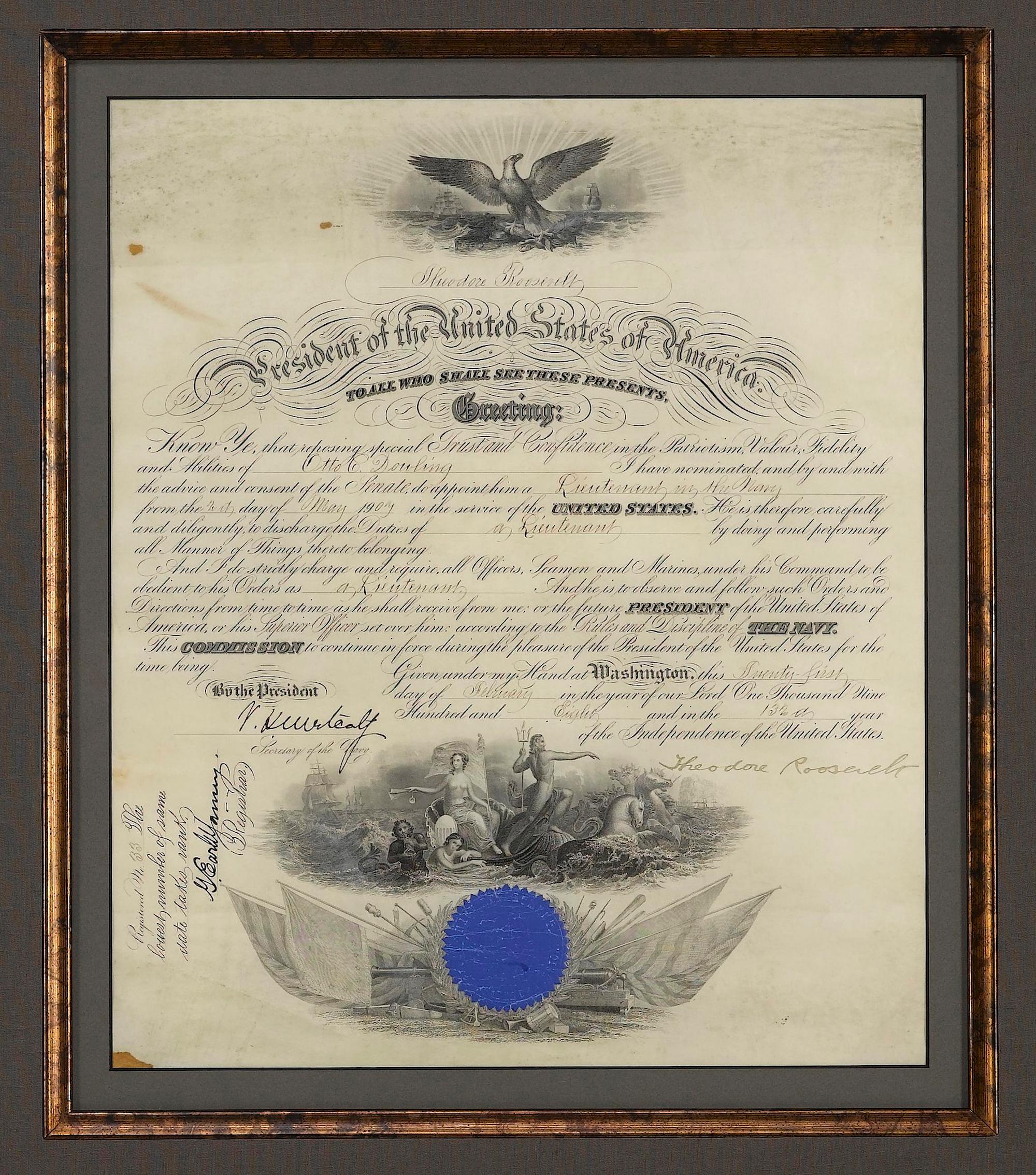 Americano Theodore Roosevelt firma la nomina presidenziale, datata 27 febbraio 1908 in vendita
