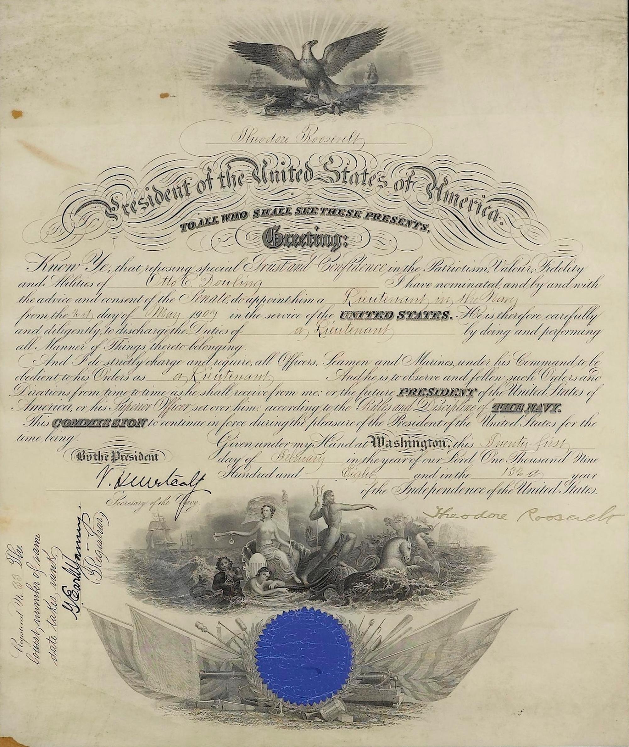 Inizio XX secolo Theodore Roosevelt firma la nomina presidenziale, datata 27 febbraio 1908 in vendita