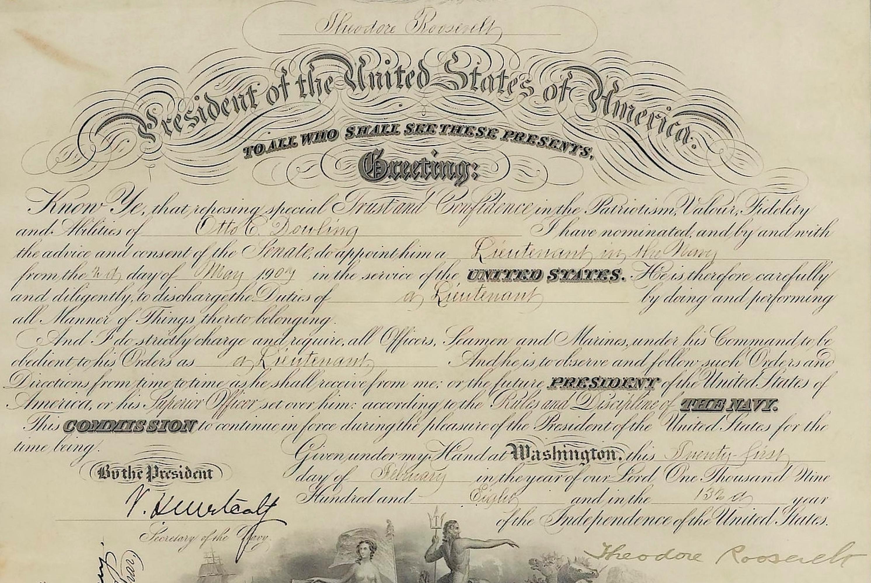 Theodore Roosevelt firma la nomina presidenziale, datata 27 febbraio 1908 in vendita 1