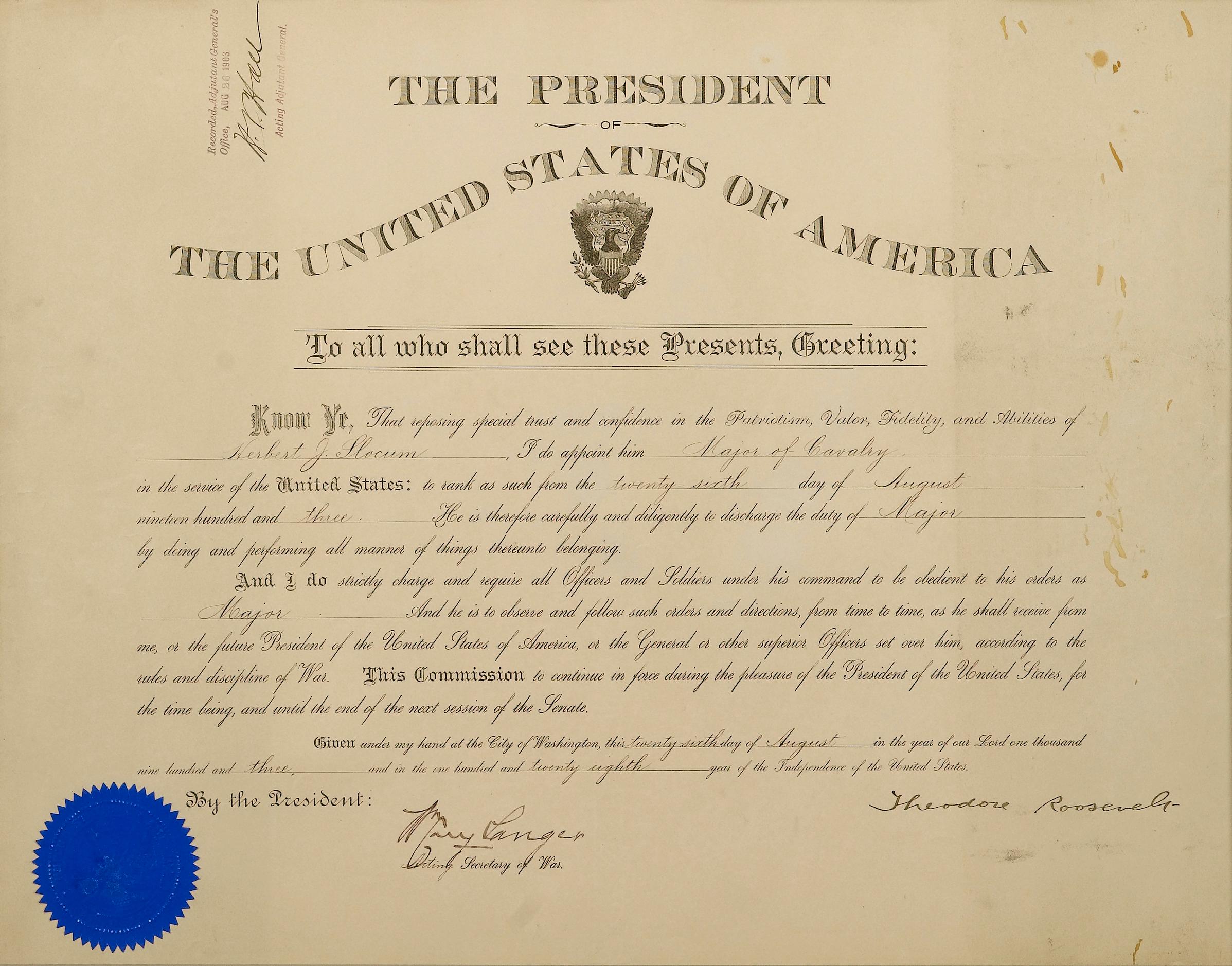Presidential commission of an Army Calvary officer Herbert J. Slocum to the position of 