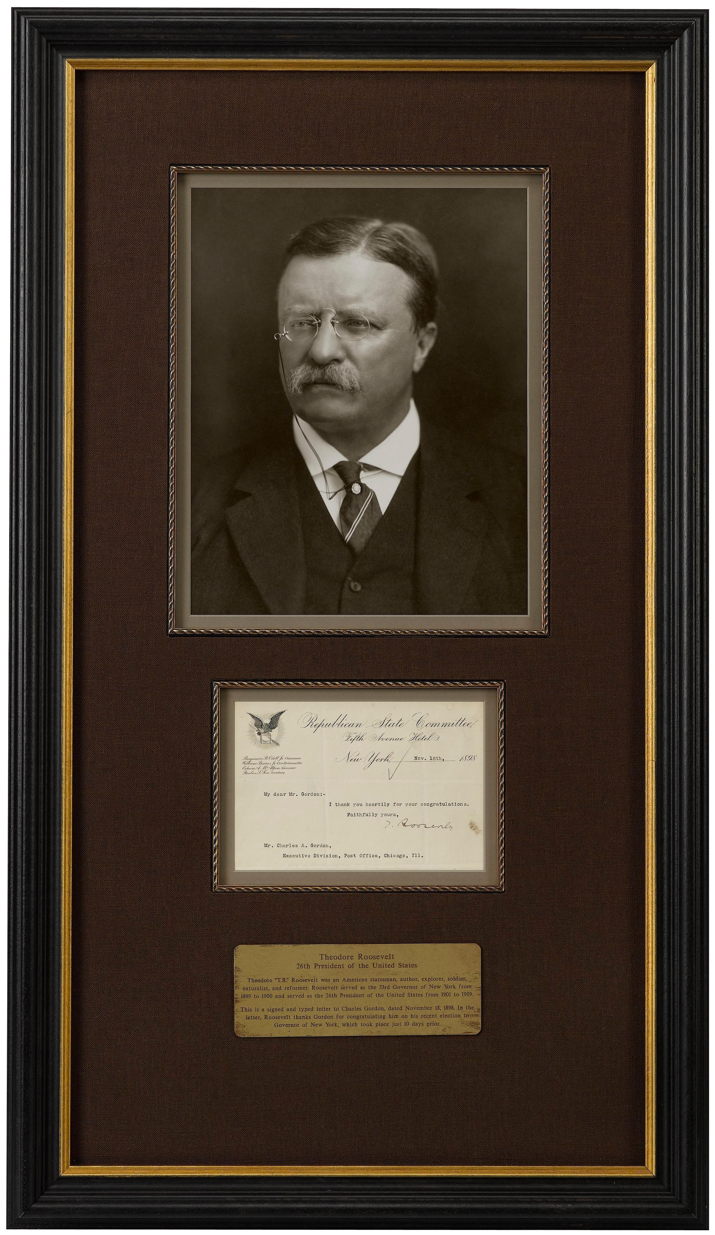 This autograph collage features an original typed and signed letter by Theodore Roosevelt. The letter was typed on Republican State Committee letterhead, and is dated November 18, 1898. Roosevelt wrote the letter to Charles Gordon to thank him