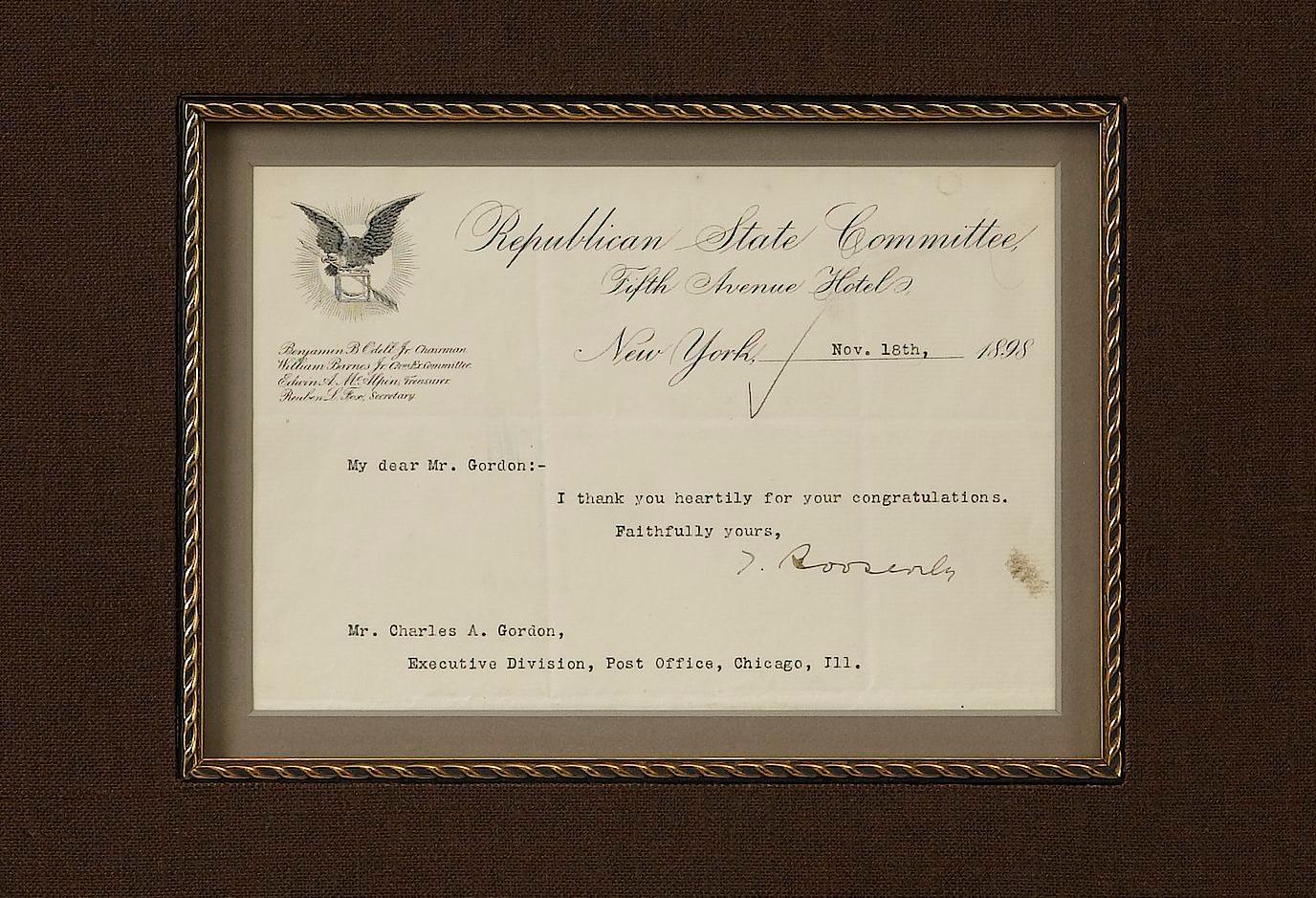 American Theodore Roosevelt Typed Letter Signed to Charles Gordon, November 18, 1898