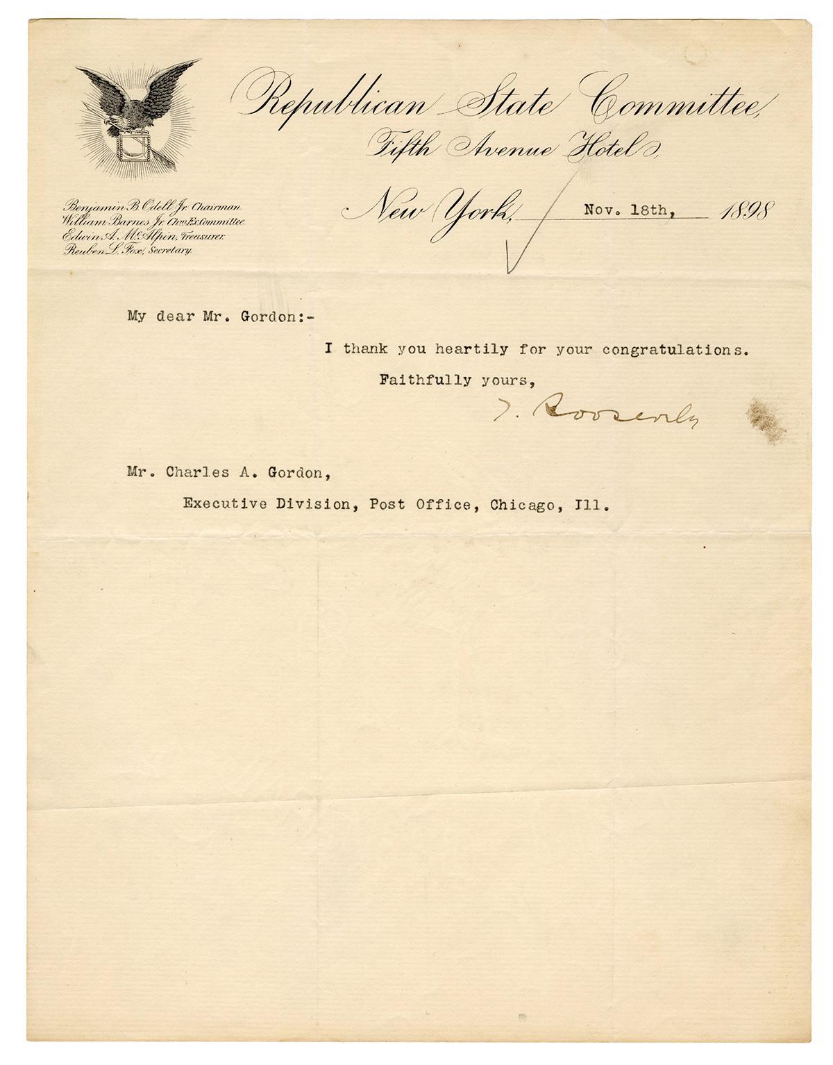 Theodore Roosevelt Typed Letter Signed to Charles Gordon, November 18, 1898 In Good Condition In Colorado Springs, CO