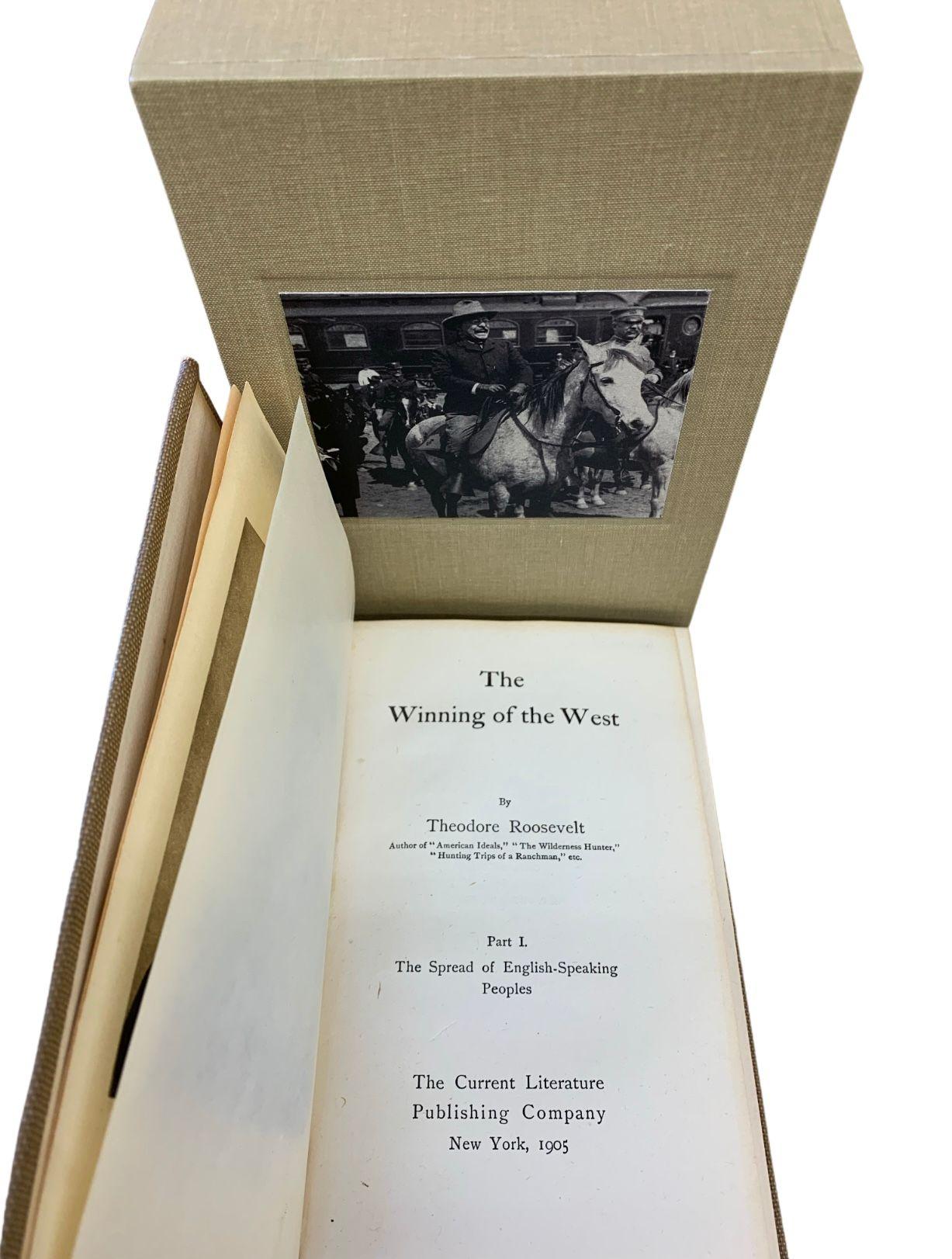 Roosevelt, Theodore. The Winning of the West, in Six Volumes. New York: The Current Literature, 1905. In original suede leather spines over buckram bindings, with embossed titles to spine. Presented with a new archival slipcase. 

The Winning of the