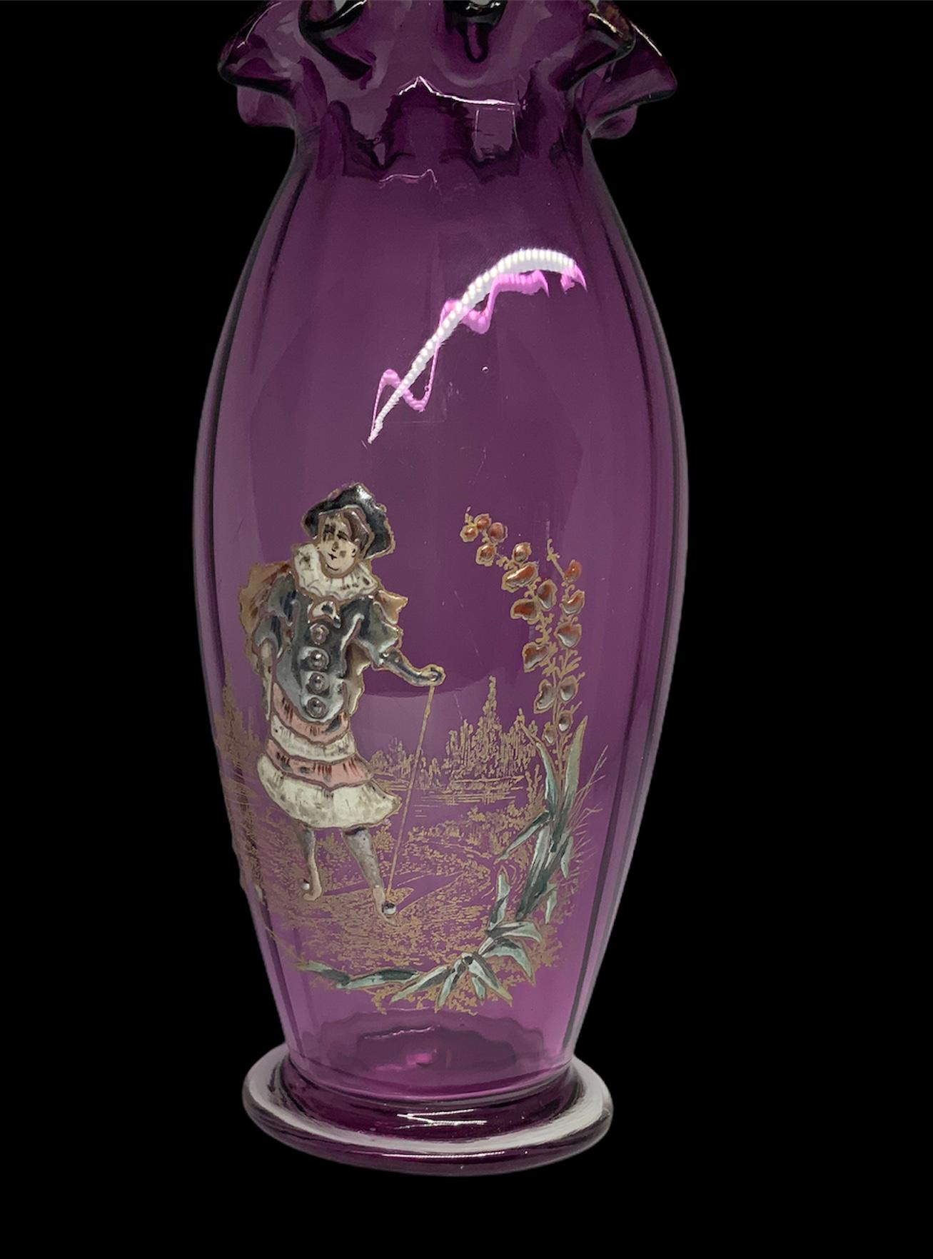 Czech Theodore Rossler Bohemian Amethyst Enameled Glass Vase
