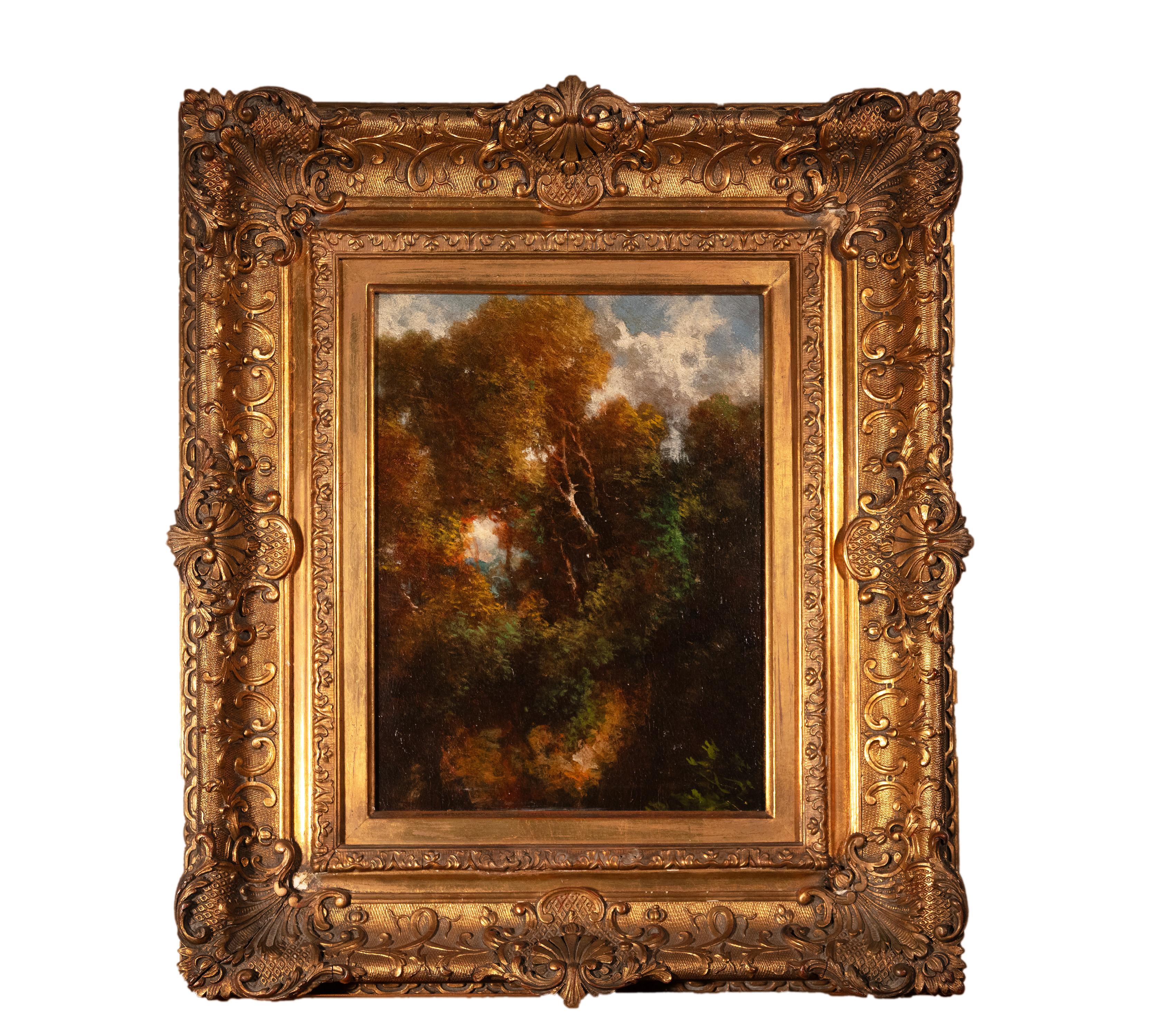 Landscape Painting de Théodore Rousseau (circle of) - 'Bosque en Fountainbleau' Óleo original sobre tabla de la Escuela de Barbizon