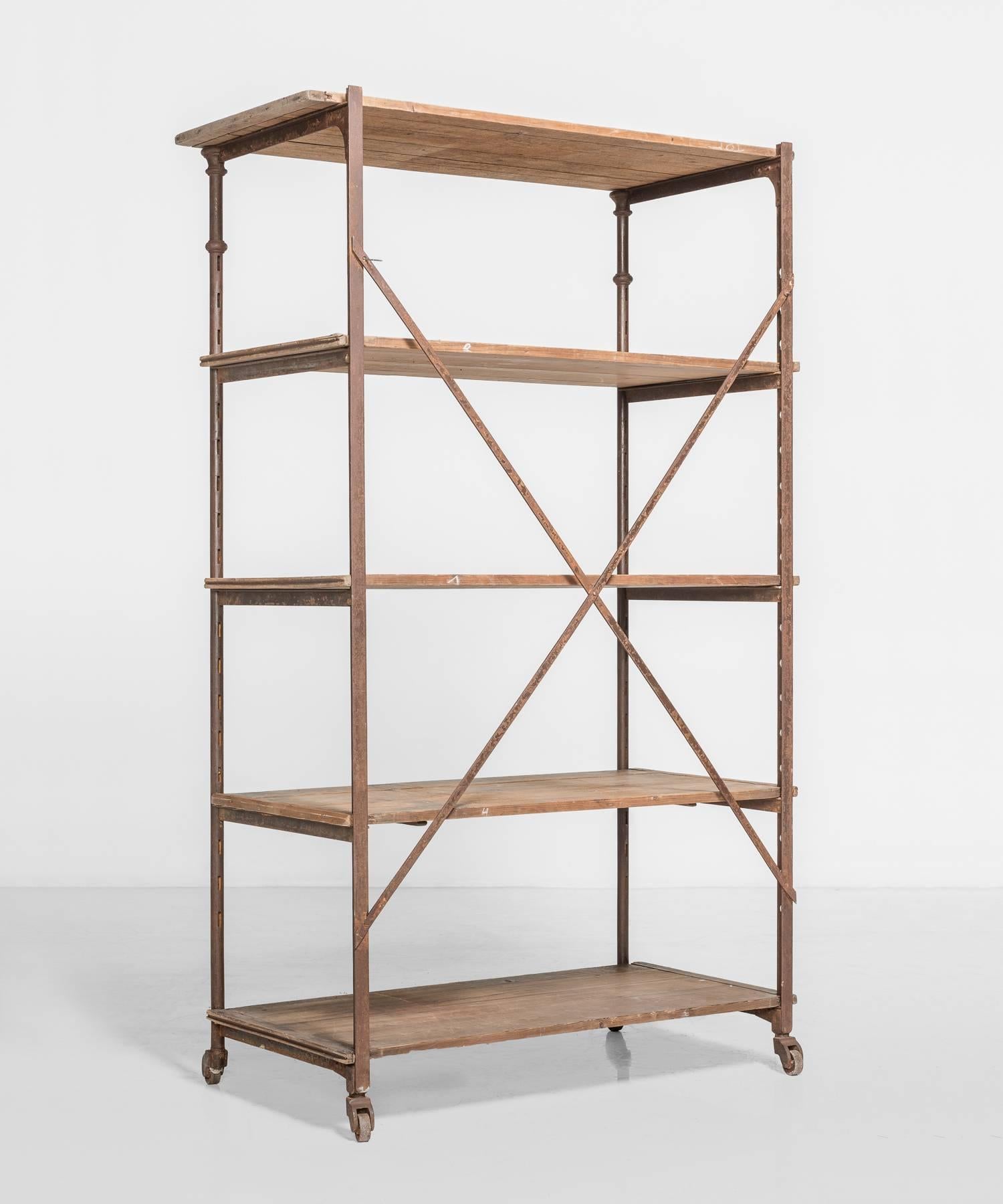 French Theodore Scherf Oak and Iron Shelving Unit, circa 1900