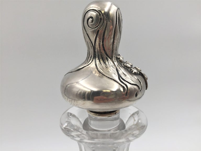 20th Century Theodore Starr Sterling Silver and Glass Wine Claret Jug in Art Nouveau Style For Sale