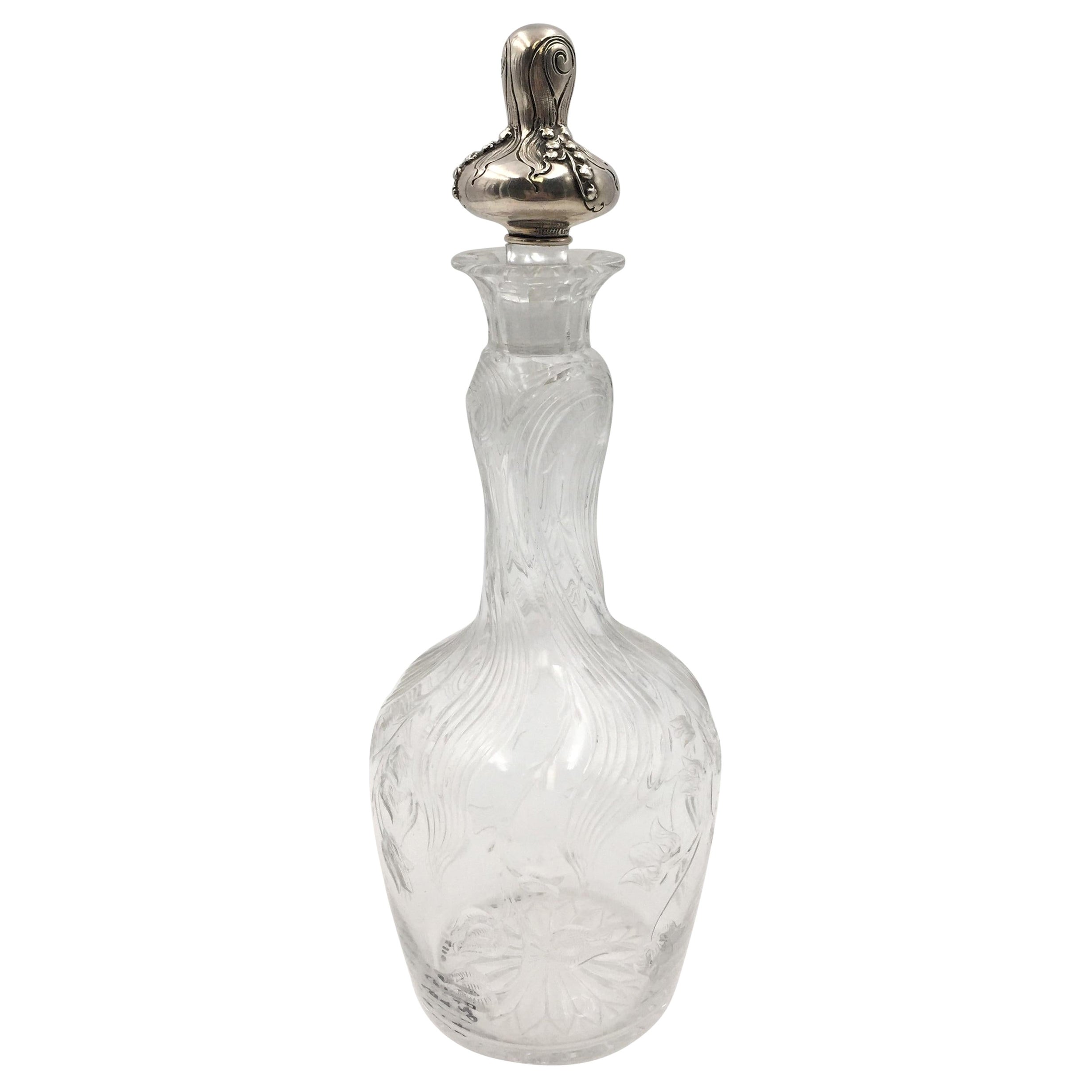 Theodore Starr Sterling Silver and Glass Wine Claret Jug in Art Nouveau Style