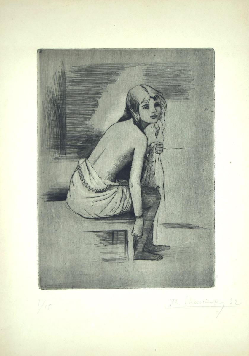 Theodore Stravinsky Figurative Print - Ballerina at Rest - Etching by T. Strawinsky - 1932