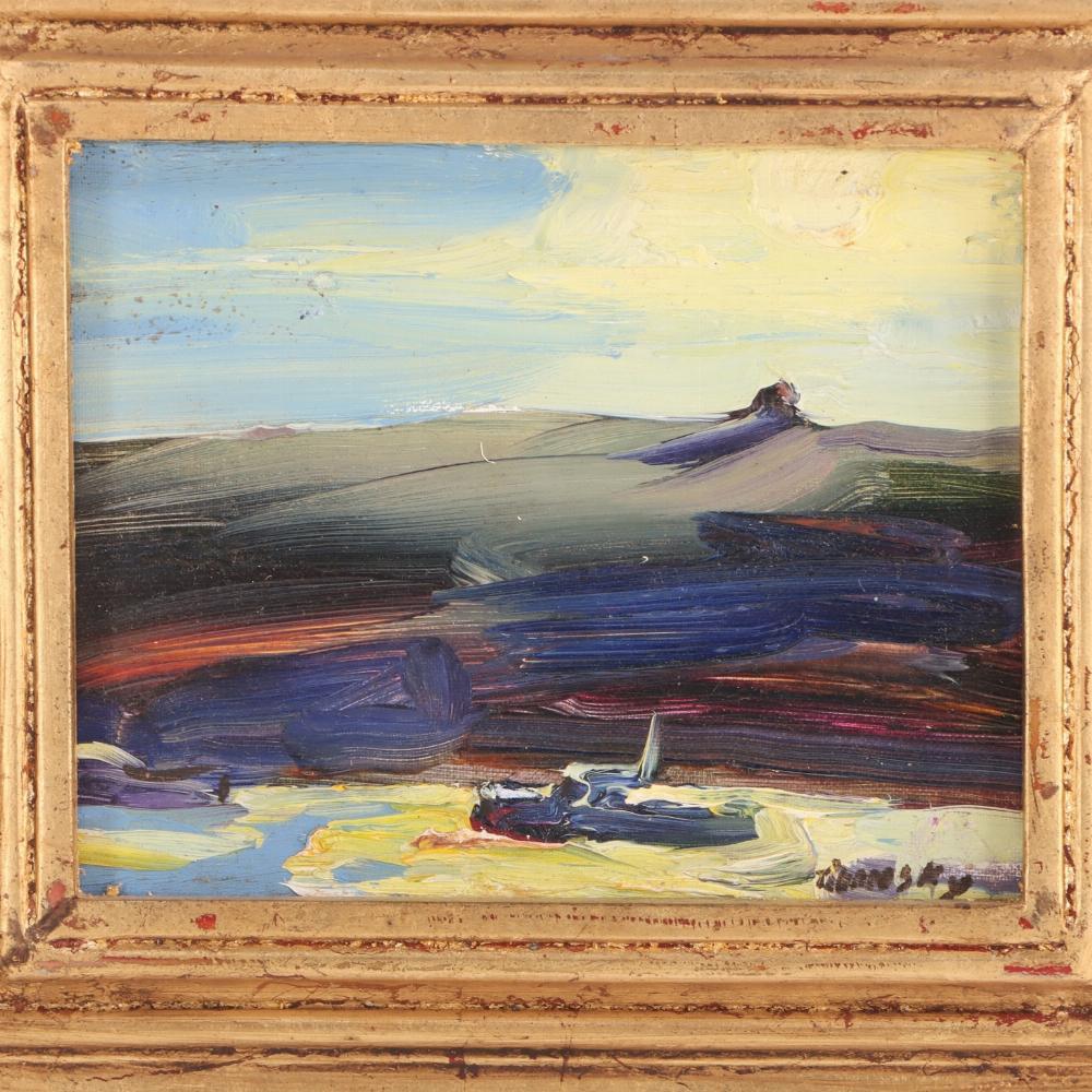Theodore Tihansky (américain, 1953-2019) Île Monhegan, paysage du Maine. Peinture à l'huile abstraite sur carton d'artiste, représentant peut-être un bateau au large au premier plan avec une île à l'arrière-plan, signée en bas à droite. Taille de