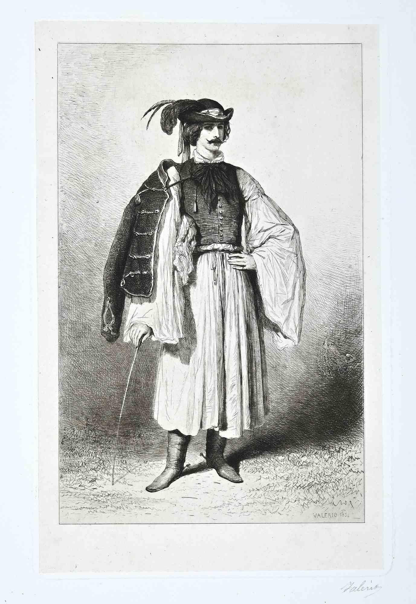 Theodore Valerio Figurative Print - Serbian Musician - Original Etching by Théodore Valério - 1854