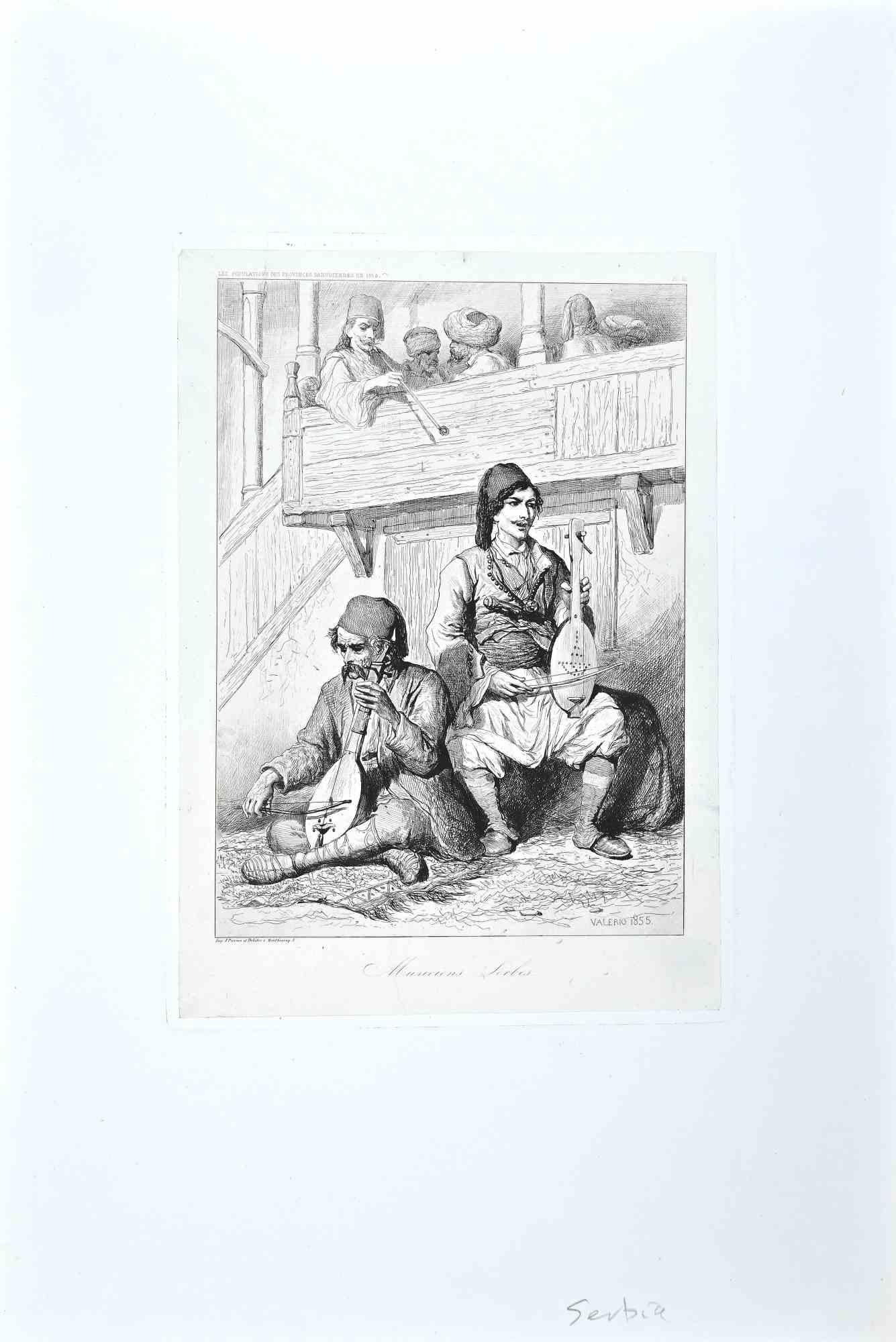 Serbische Musiker – Original-Radierung auf Papier von Thodore Valrio – 1855 – Print von Theodore Valerio