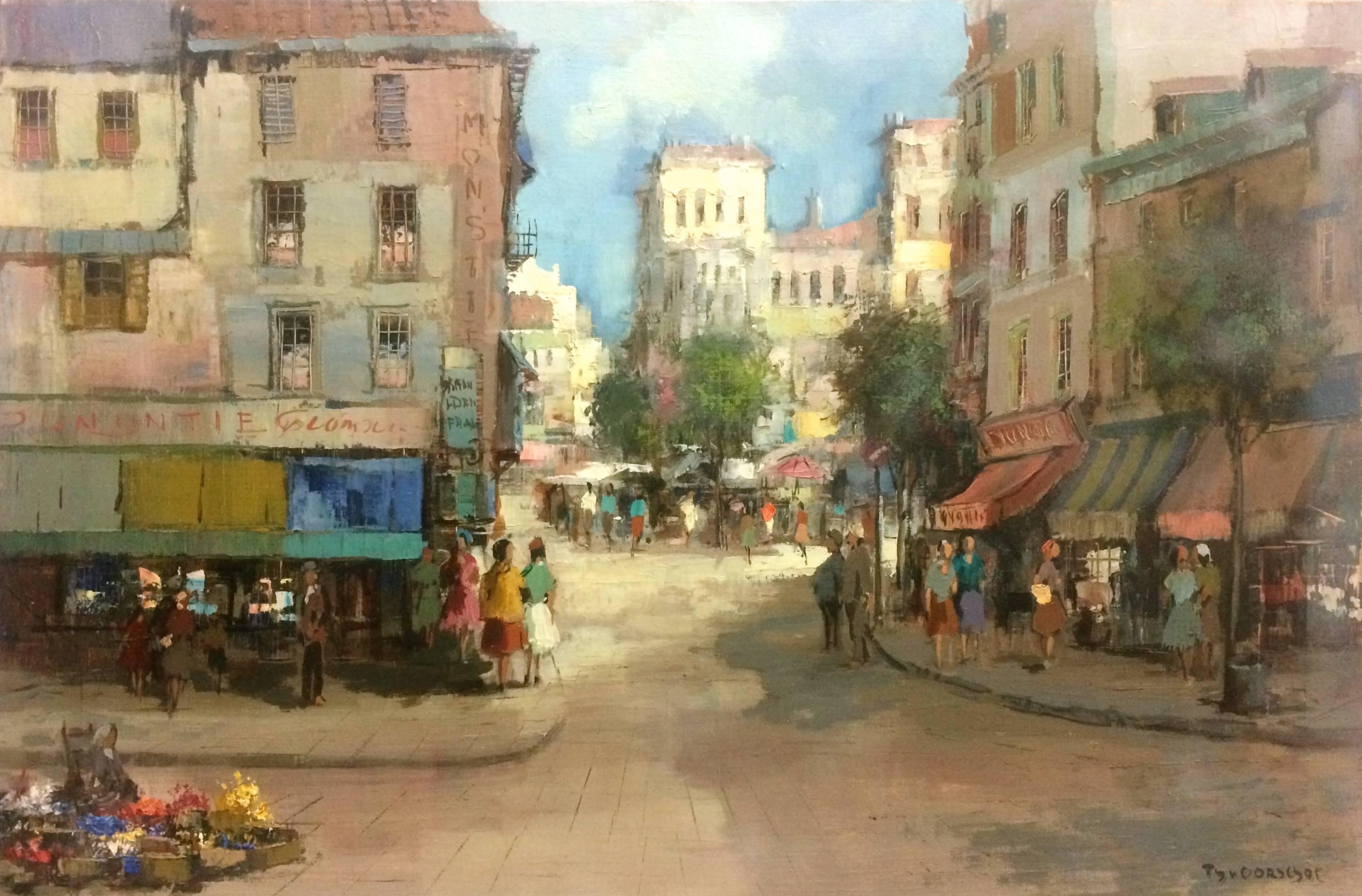 Scena di strada europea - Landscape Painting Grigio di Theodore Van Oorschot