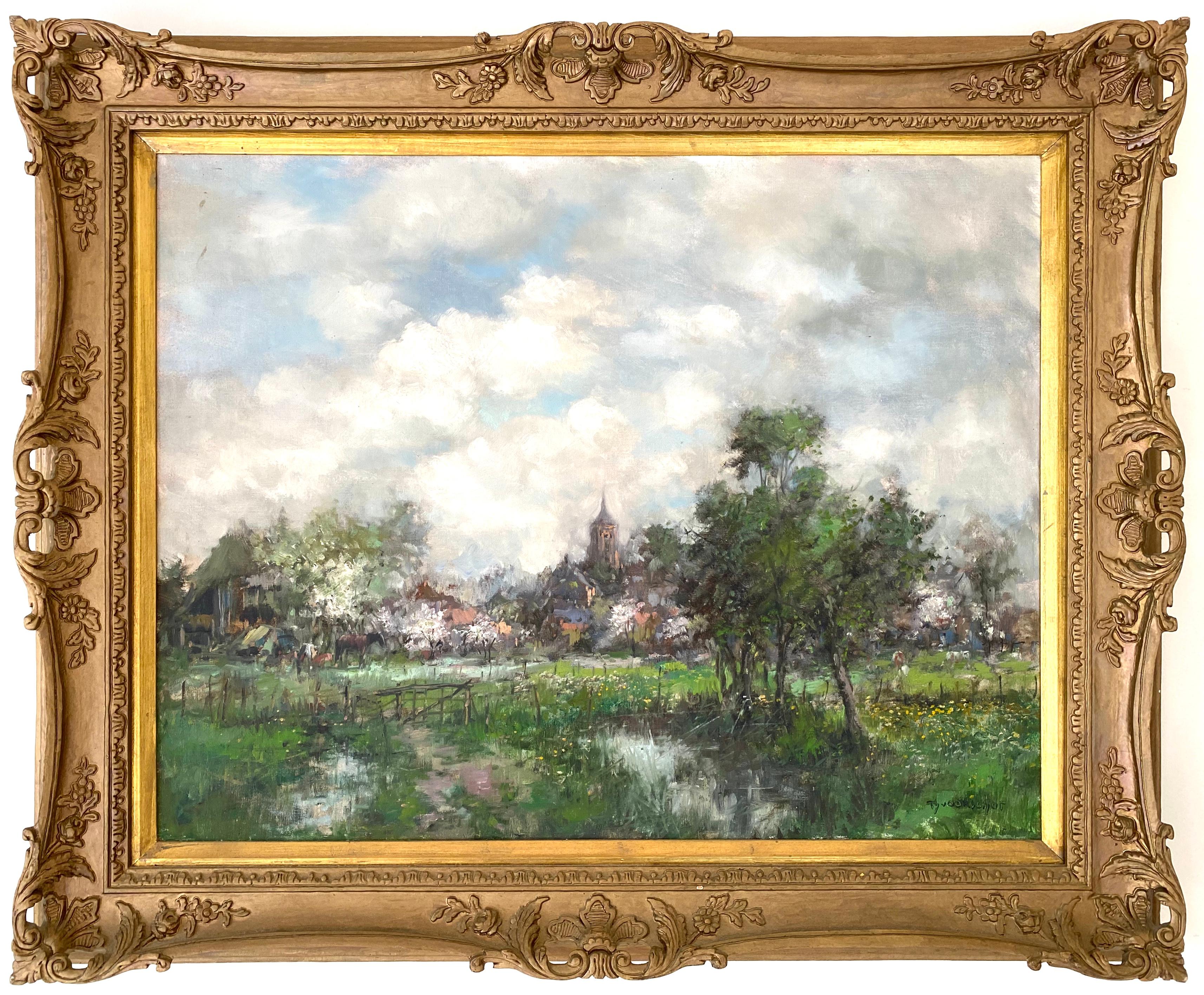“Springtime in Schijndel” - Gray Landscape Painting by Theodore Van Oorschot
