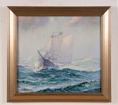 Antiguo cuadro al óleo impresionista americano Paisaje náutico Velero firmado