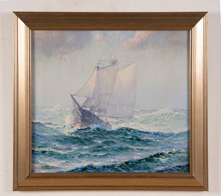 Antique American Impressionist Nautical Seascape Sailboat Signed Oil Painting - Gray Landscape Painting by Theodore Victor Carl Valenkamph