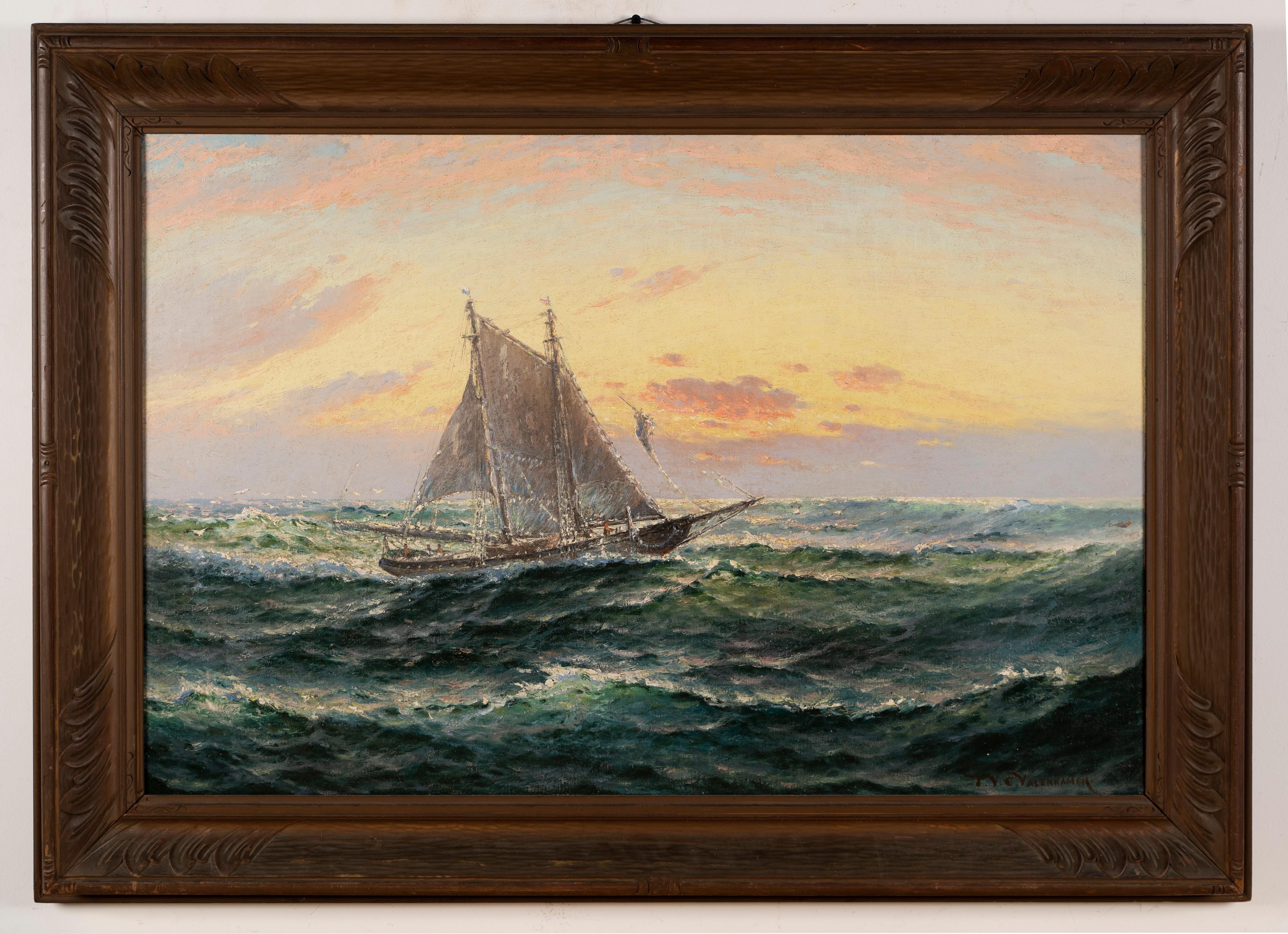 Antiguo cuadro al óleo impresionista americano Paisaje náutico Velero firmado - Painting de Theodore Victor Carl Valenkamph
