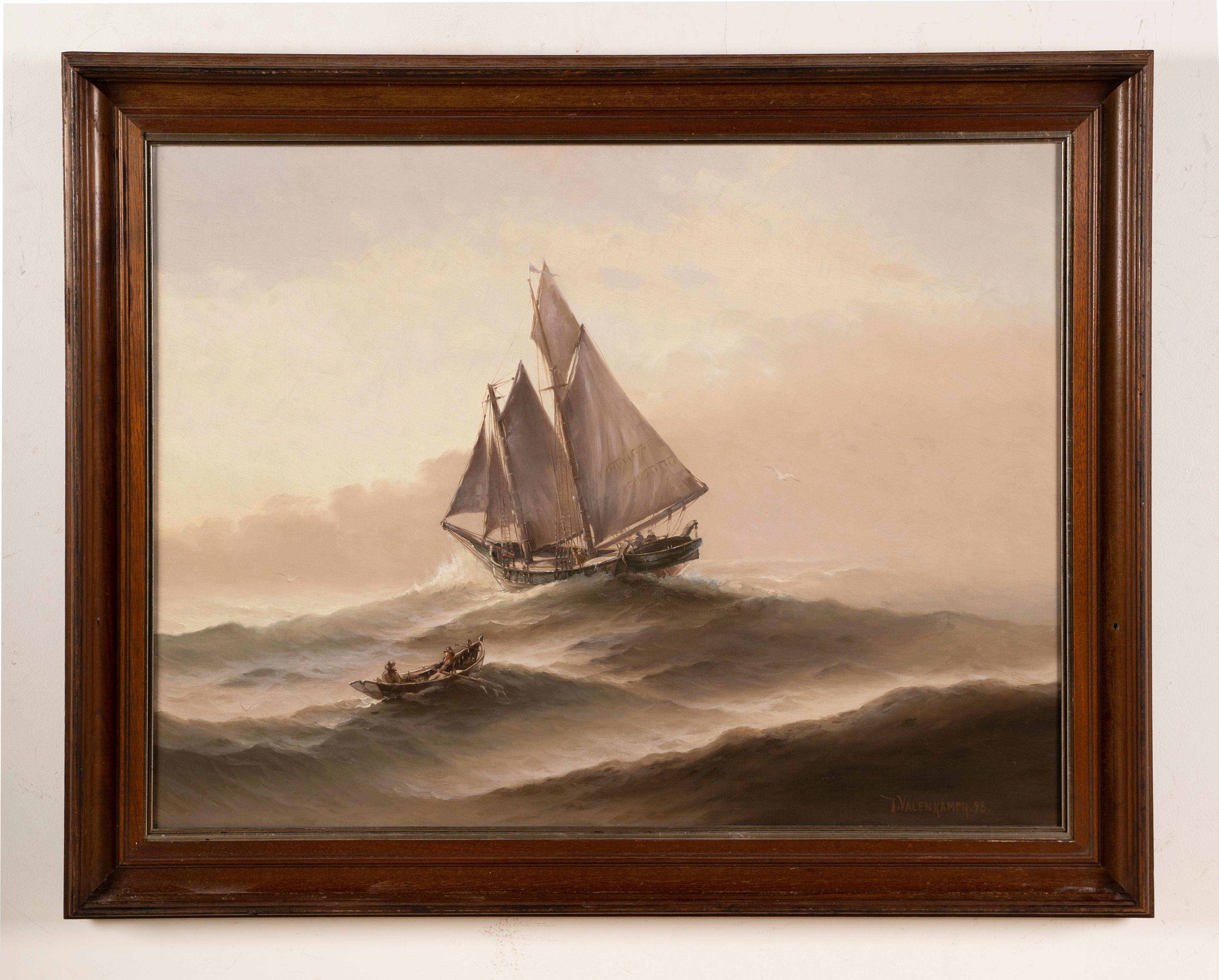 Antique American Impressionist Nautical Seascape Sailboat Signed Oil Painting - Brown Landscape Painting by Theodore Victor Carl Valenkamph