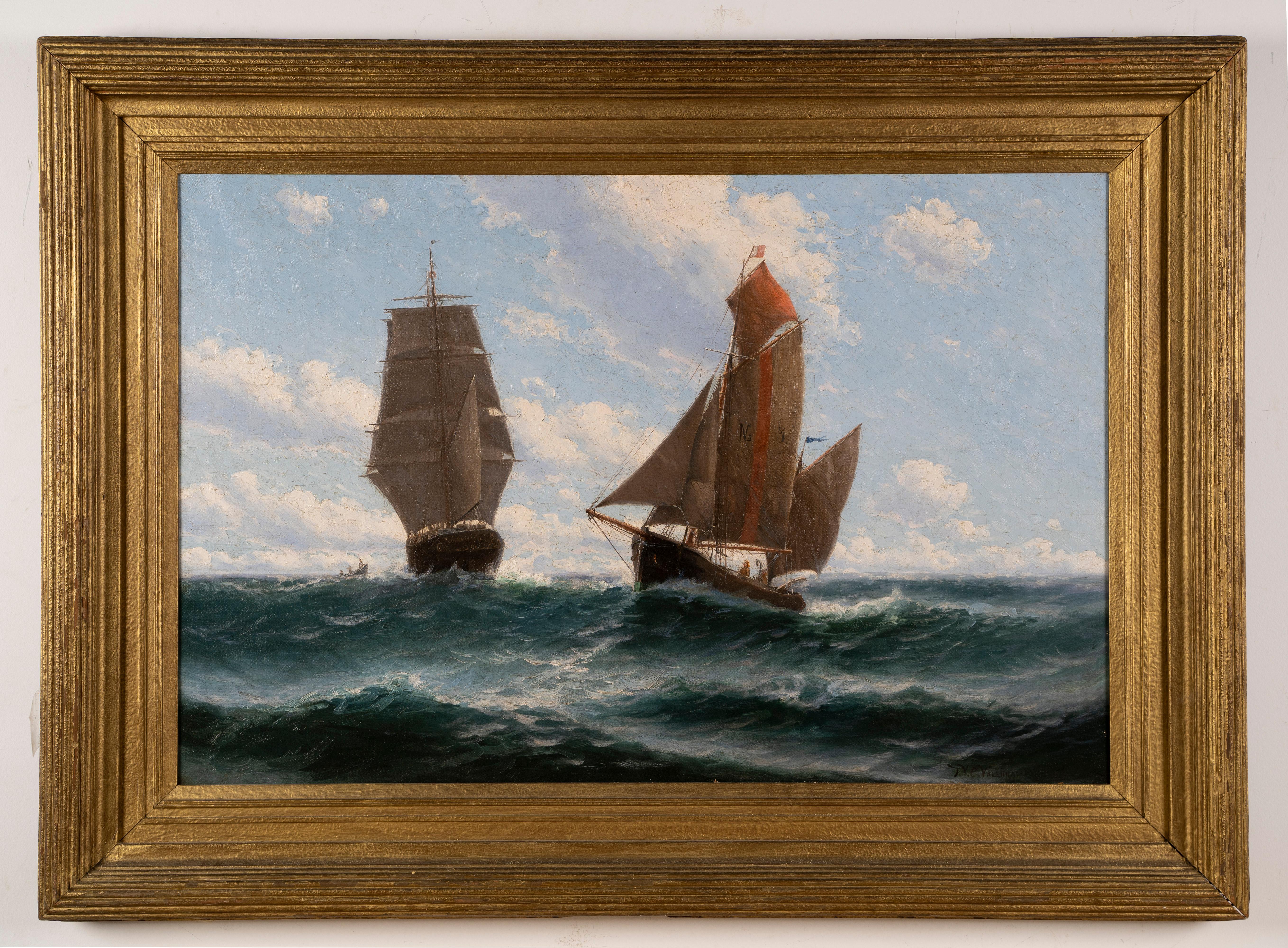 Antique American Impressionist Nautical Seascape Sailboat Signed Oil Painting - Brown Landscape Painting by Theodore Victor Carl Valenkamph