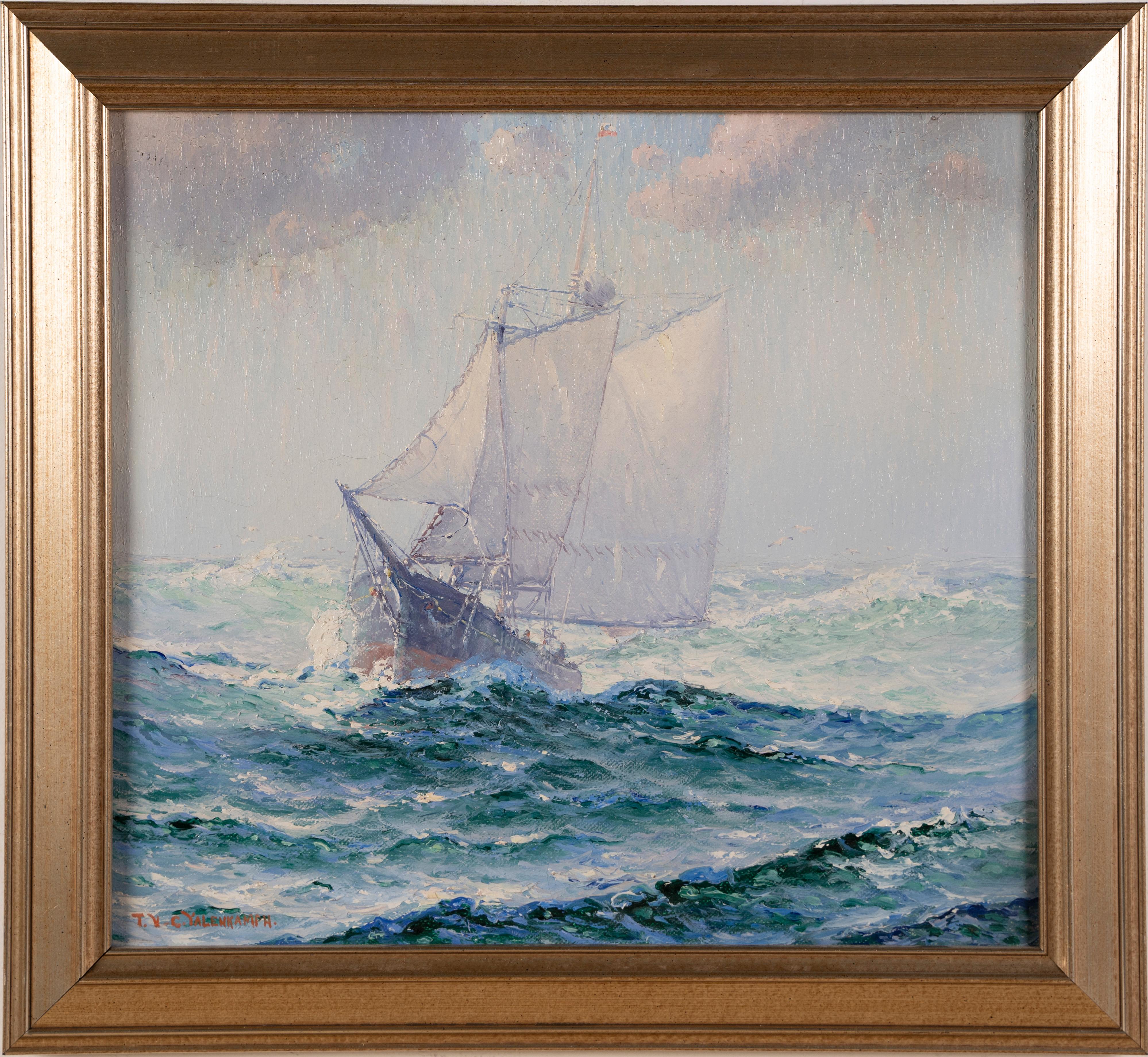 Antikes, signiertes Ölgemälde eines amerikanischen Impressionisten, nautische Seelandschaft, Segelboot (Impressionismus), Painting, von Theodore Victor Carl Valenkamph
