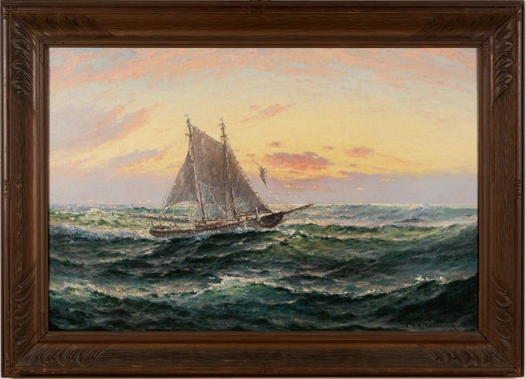 Antique American impressionist seascape painting by Theodore Victor Carl Valenkamph (1868 - 1924).  Oil on canvas, circa 1900.  Signed.  Image size 36L x 24H.  Housed in a period giltwood frame.