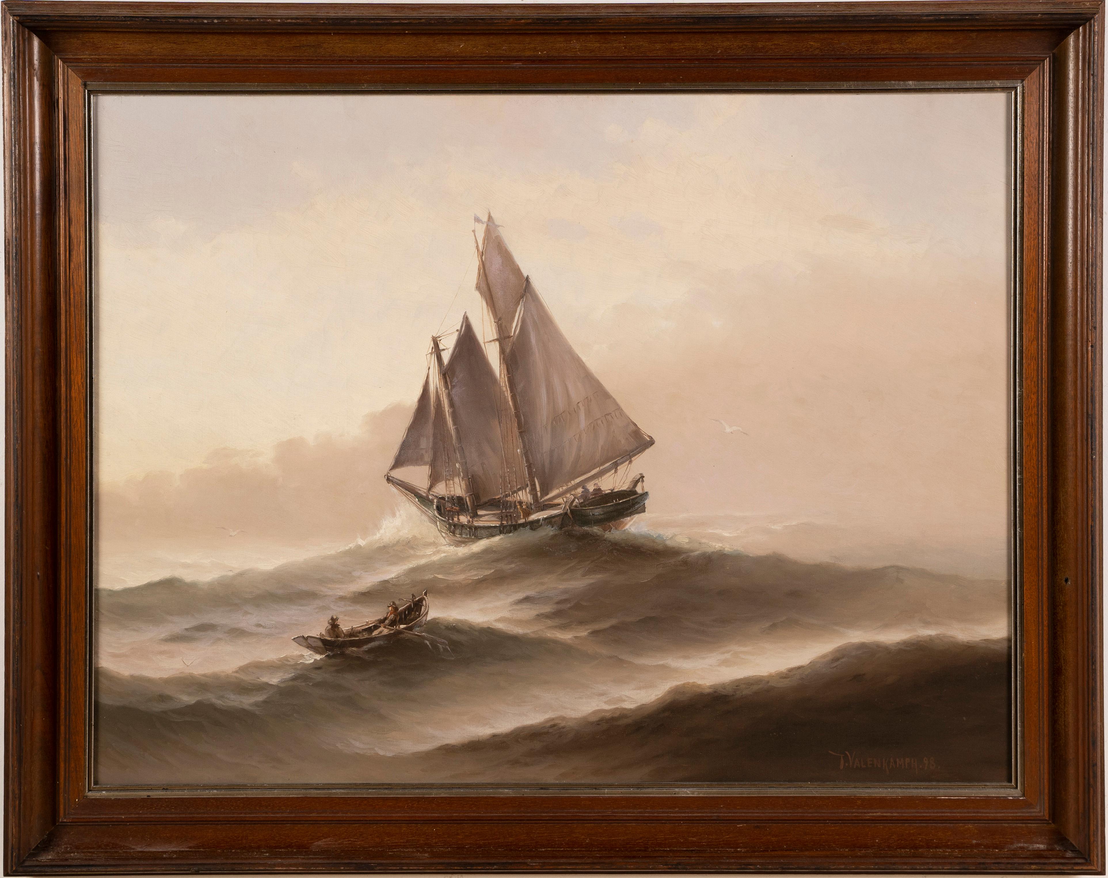 Antique American impressionist seascape painting by Theodore Victor Carl Valenkamph (1868 - 1924).  Oil on canvas, circa 1900.  Signed.  Image size 29