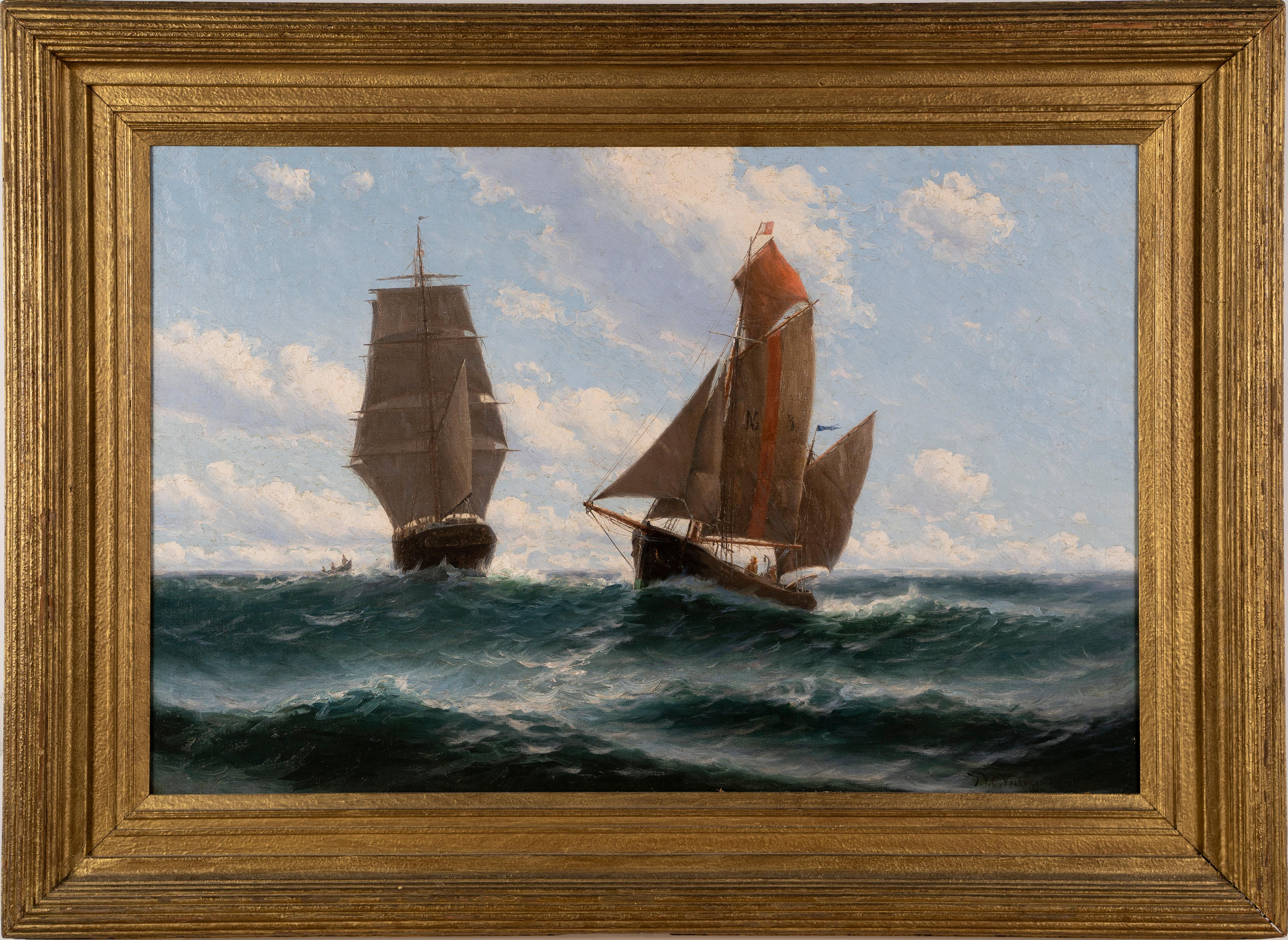 Antique American impressionist seascape painting by Theodore Victor Carl Valenkamph (1868 - 1924).  Oil on canvas, circa 1900.  Signed.  Image size 36L x 24H.  Housed in a period giltwood frame.