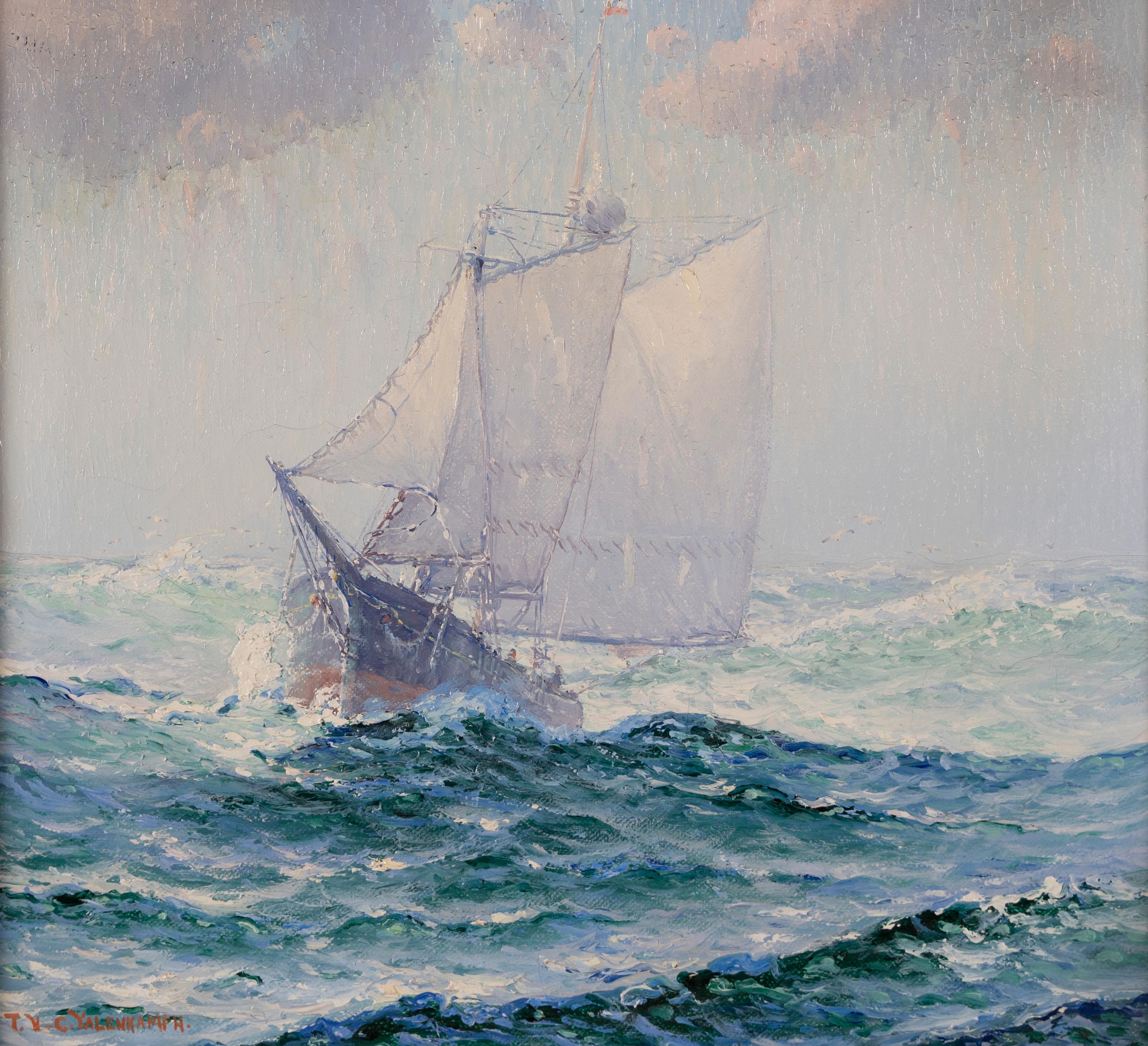 Antikes, signiertes Ölgemälde eines amerikanischen Impressionisten, nautische Seelandschaft, Segelboot (Grau), Landscape Painting, von Theodore Victor Carl Valenkamph