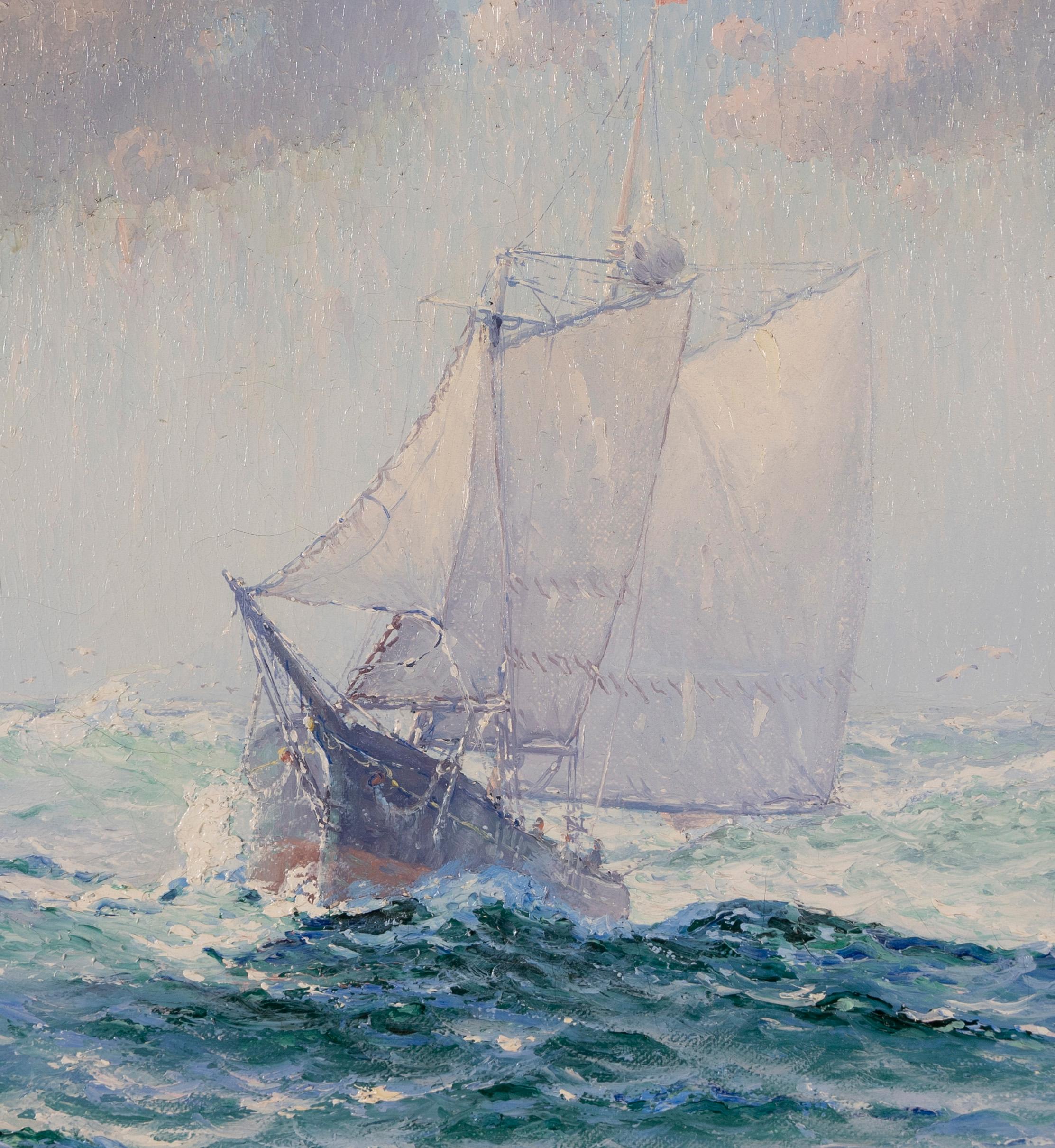 Antique American impressionist seascape painting by Theodore Victor Carl Valenkamph (1868 - 1924).  Oil on canvas, circa 1900.  Unterschrieben.  Image size 20L x 18H.  Housed in a period giltwood frame.