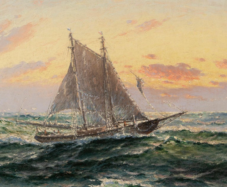Antique American Impressionist Nautical Seascape Sailboat Signed Oil Painting For Sale 2