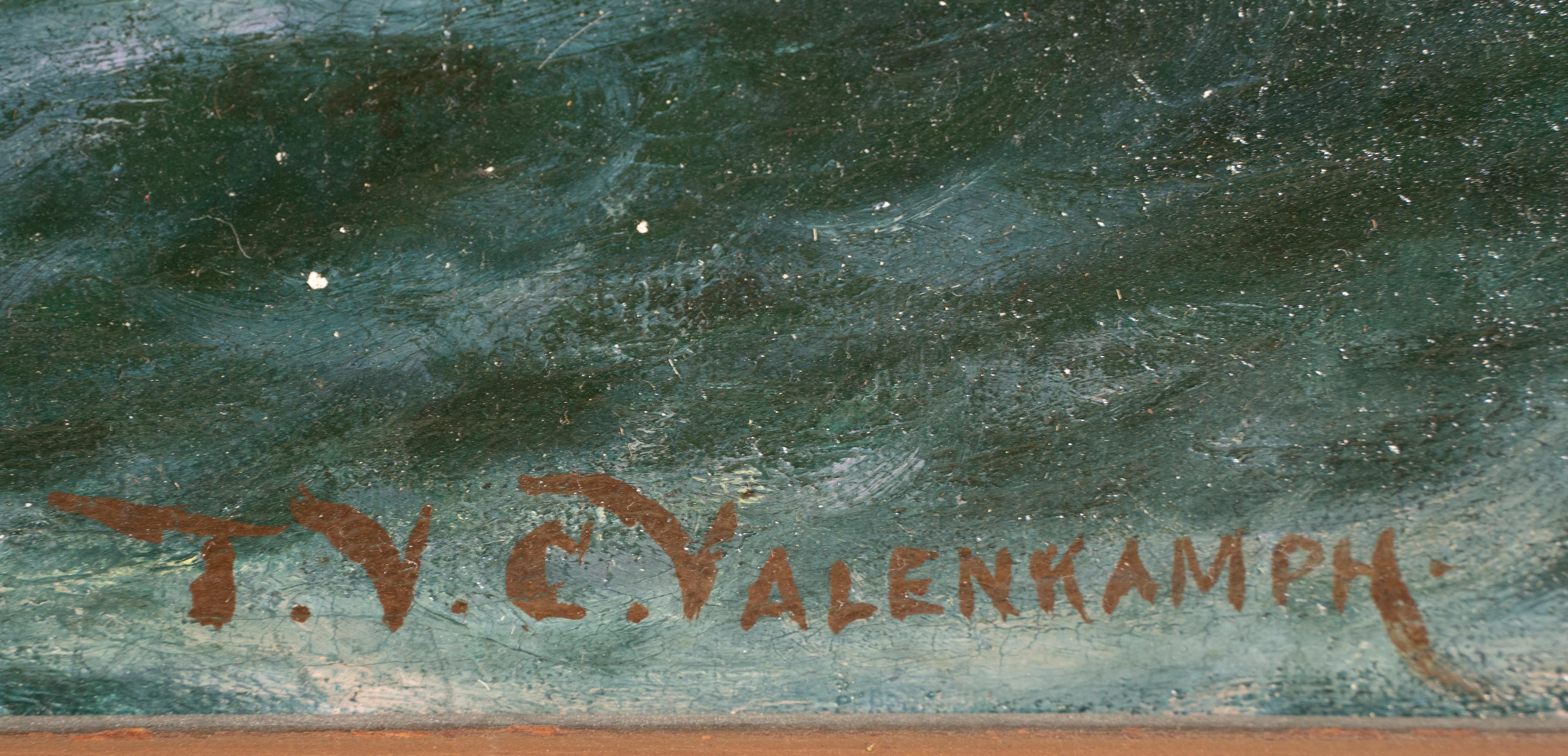 Antiguo cuadro marino impresionista americano de Theodore Victor Carl Valenkamph (1868 - 1924).  Óleo sobre lienzo, hacia 1900.  Firmado.  Tamaño de la imagen 36L x 24H.  Alojada en un marco de madera dorada de época.