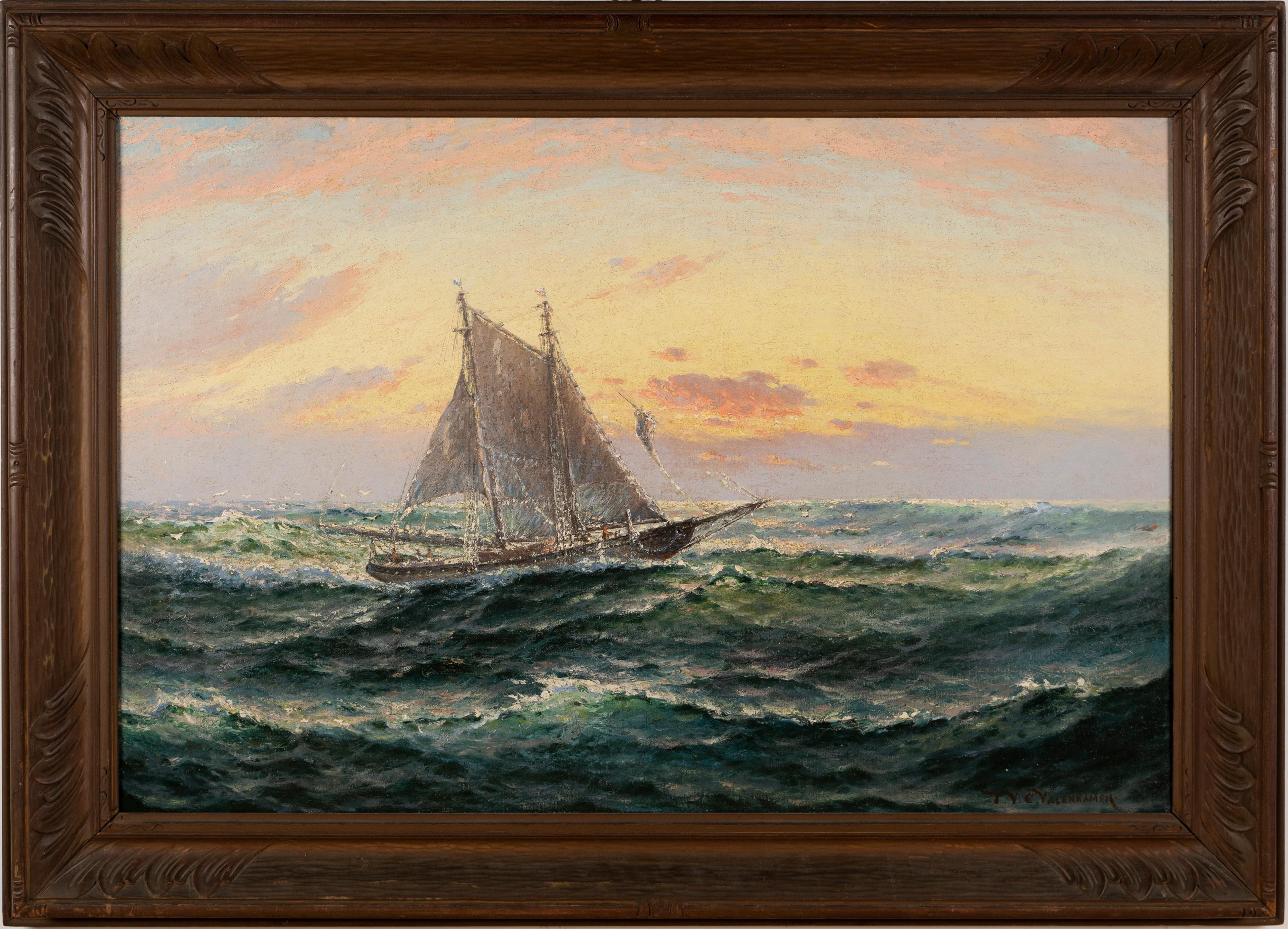 Antique American Impressionist Nautical Seascape Sailboat Signed Oil Painting