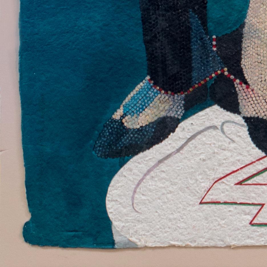 Signed lower right, 'Theodore Villa' (American, 20th century) and painted circa 1985; titled, lower left, 'Cake Walk: Fancy Dancer and the Sunset Queen'.

Born in Santa Barbara of White Mountain Apache (Coyotero) and Spanish ancestry, Theodore Villa