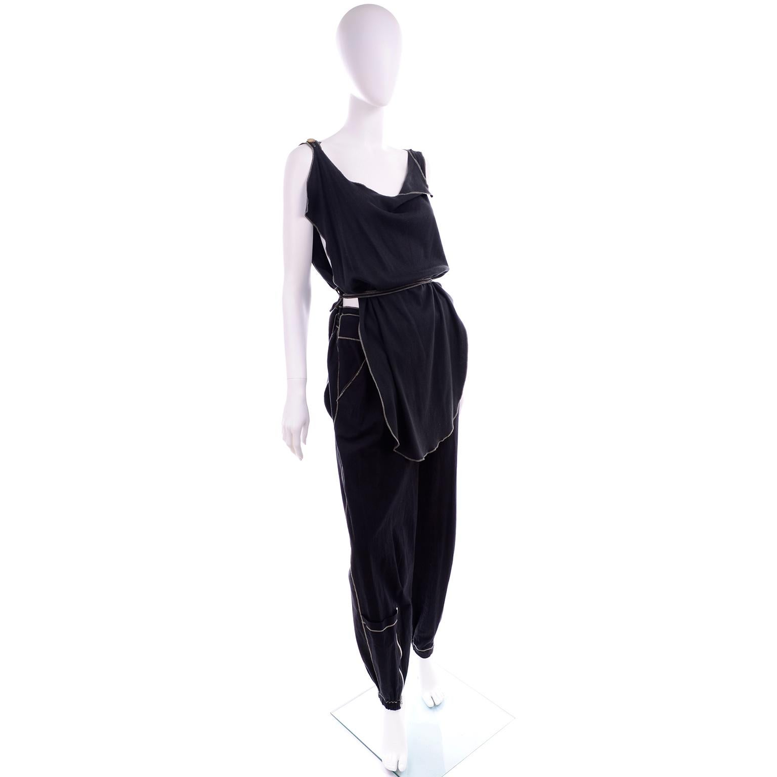 Theodore Vintage Avant Garde 2 pc Black Pants & Tank Top Outfit w topstitching In Excellent Condition In Portland, OR