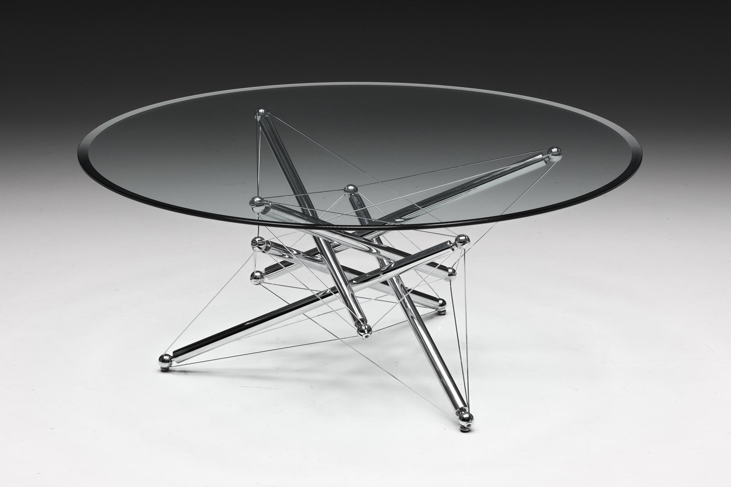 Theodore Waddell; 714; Coffee Table; Cassina; Italy; 1973; Italian Design; Side Table; Cocktail Table; Glass; Chrome; Metal; Sculptural Design; 

Coffee table model 714, designed by Theodore Waddell and manufactured by Cassina in Italy in 1973.