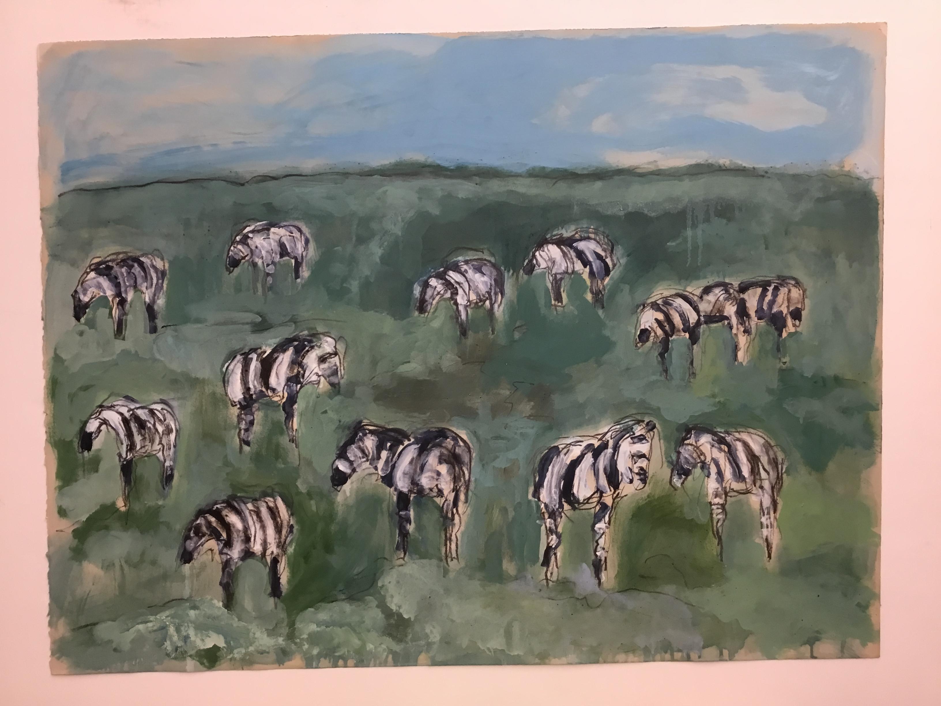 Serengeti Zebras Dr. nº 1 - Painting Contemporáneo de Theodore Waddell