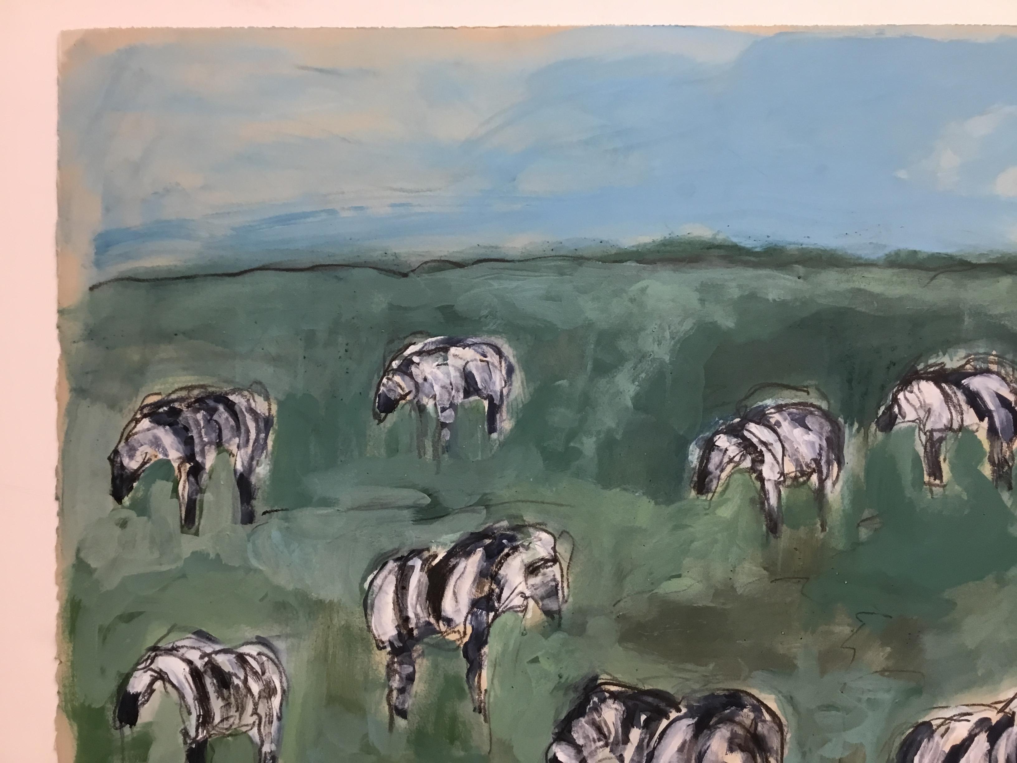 Serengeti Zebras Dr. nº 1 - Landscape Painting Gris de Theodore Waddell