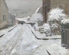 Street Scene in Winter, American Impressionist, Oil on Board, Framed