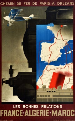 Original Vintage Paris Orleans Railway Poster France Algeria Morocco Travel Map