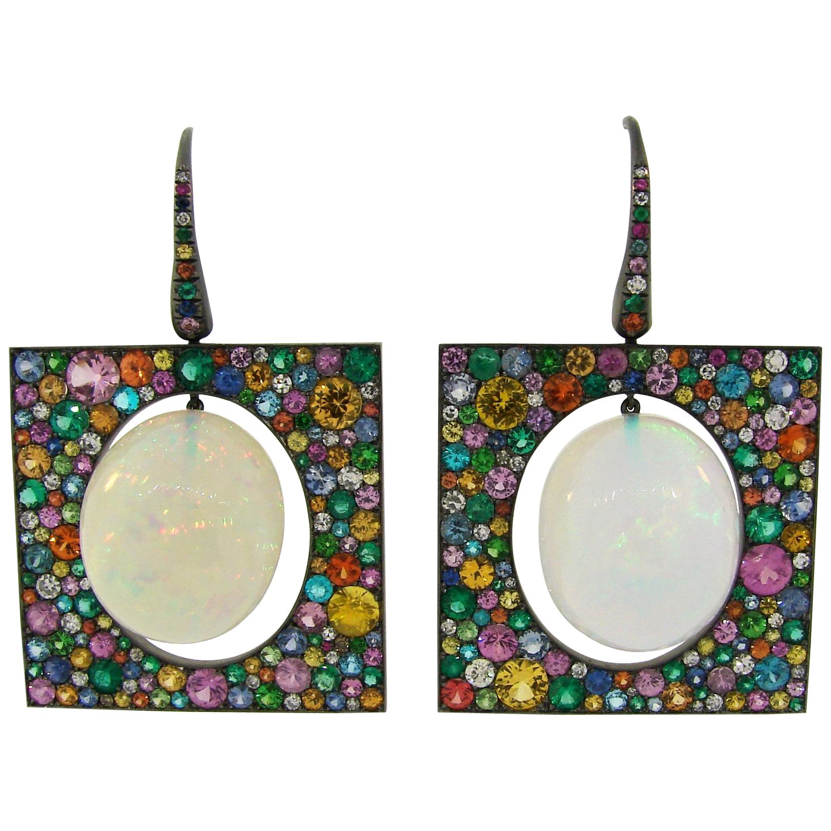 Theodoros Earrings 18k Gold Opal Multicolored Gemstones For Sale