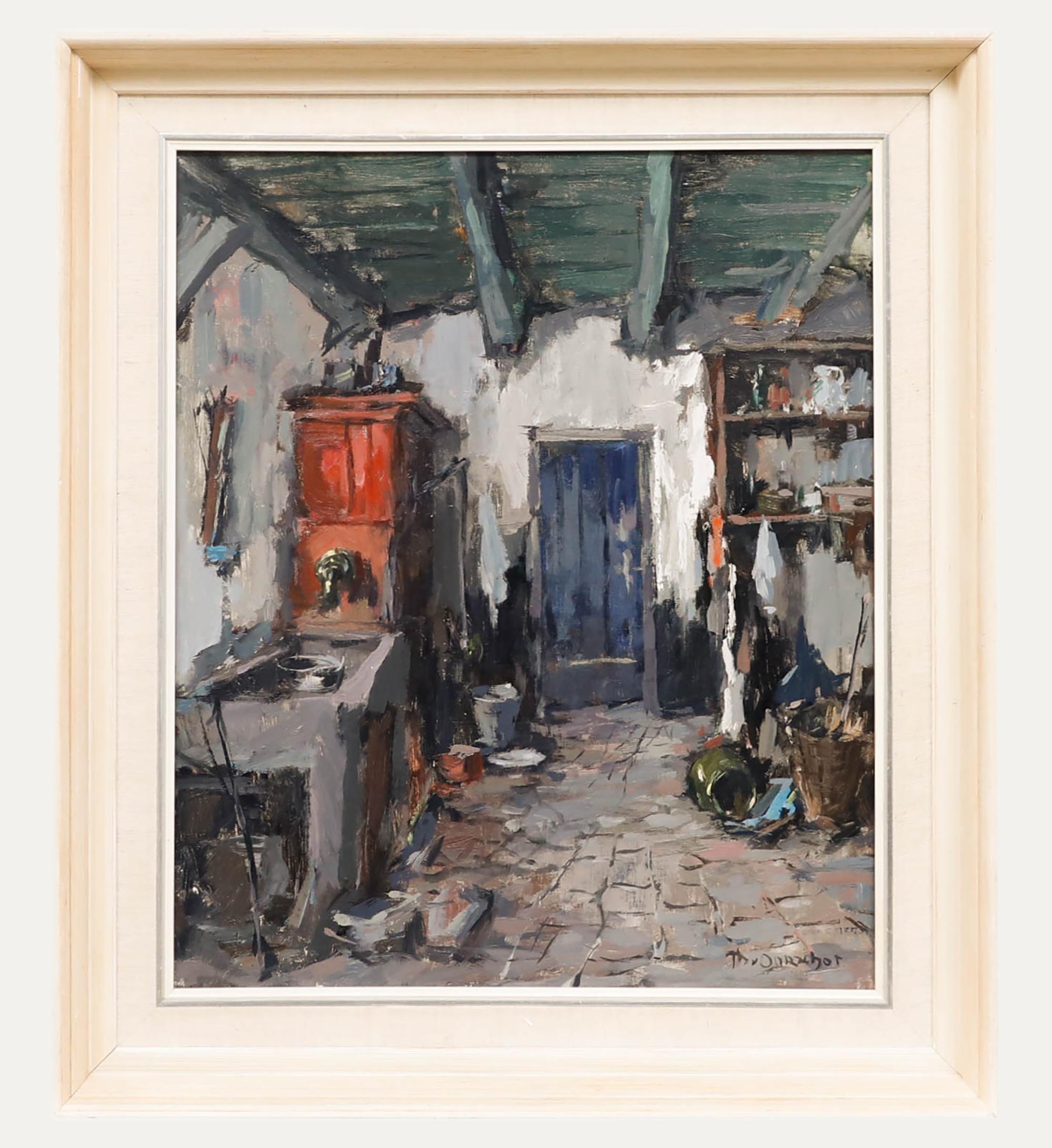 Theodorus Van Oorschot (1910-1989), olio su tela. Una rappresentazione espressiva di un interno di una cucina intorno al 1900. Firmato 'Th. Oorschot" in basso a destra. Presentato in una cornice color crema del XX secolo. 
