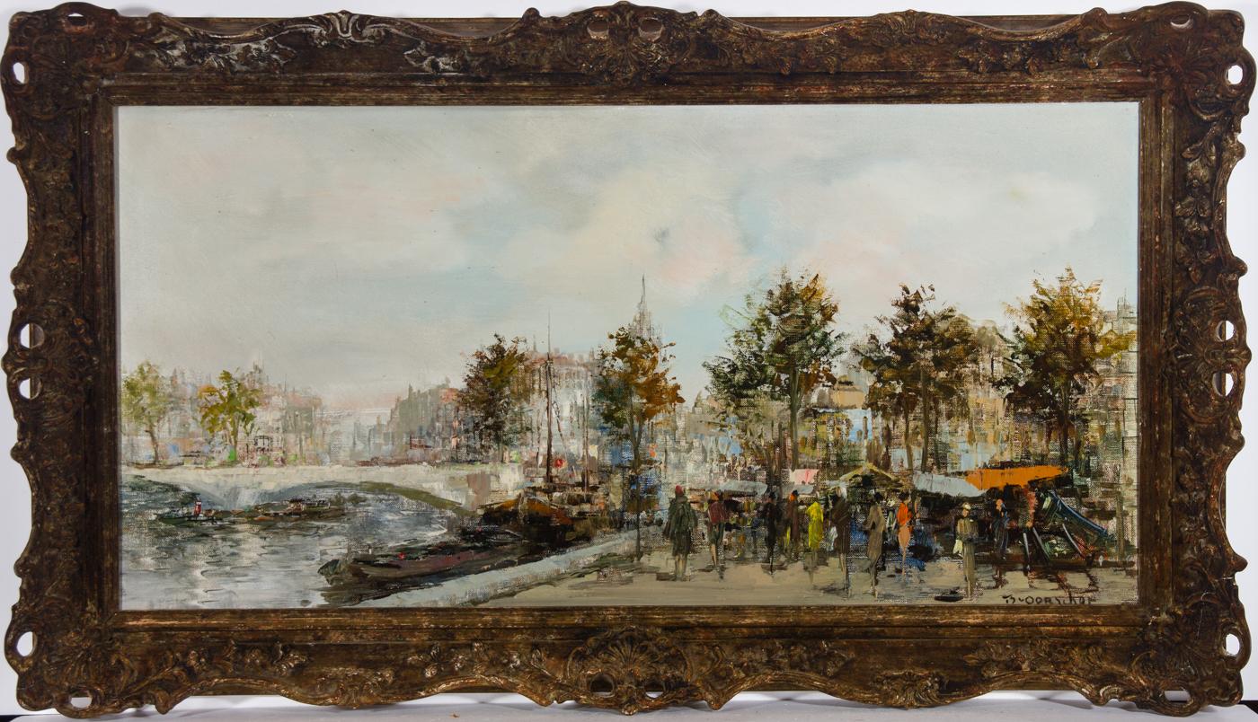 A wonderful expressive street scene by the artist Theodorus Van Oorschot. Typical of the artist's style Van OOrschot has used a palette knife to make quick, bold marks, emphasizing the hustle and bustle of this riverside market. Wonderfully