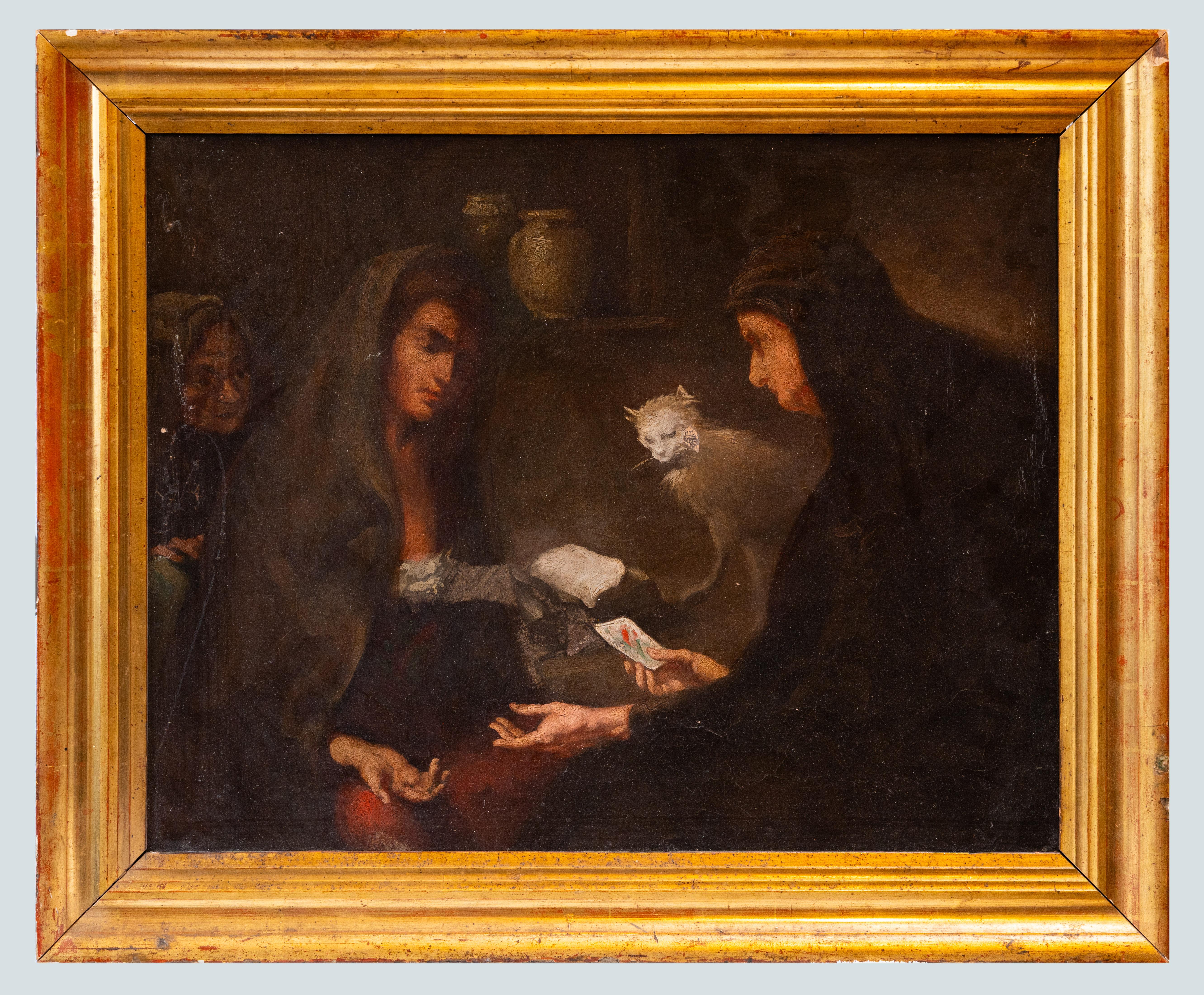 This painting unfolds within a dimly lit interior, where the scene emerges gradually from shadow, as if shaped by a single, concentrated source of light. The composition is intimate and psychologically charged, drawing the viewer into a moment of