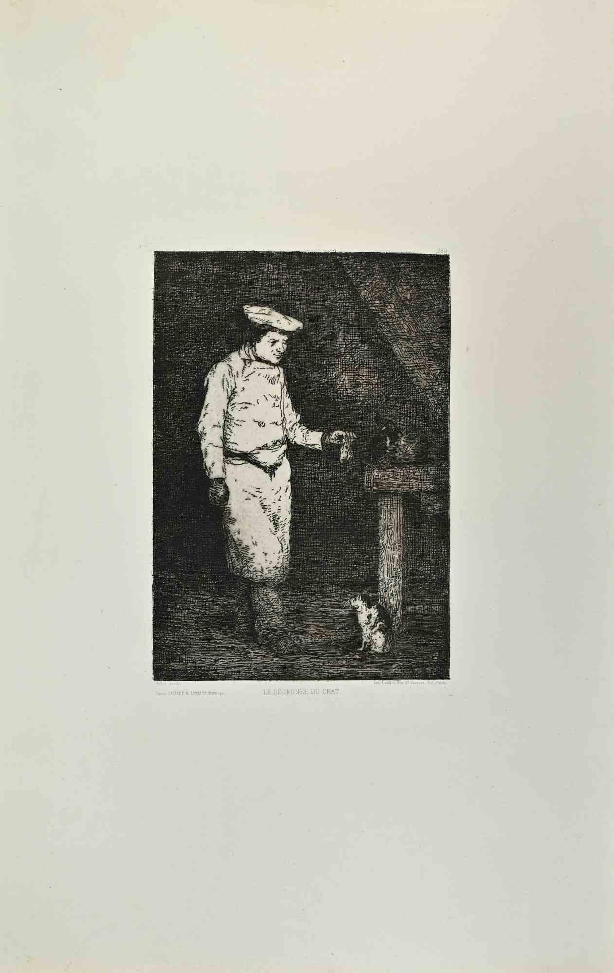 Theodule Ribot Portrait Print – Le Déjeuner du Chat - Radierung von Théodule Ribot - 1870er Jahre