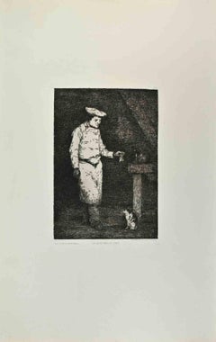 Le Déjeuner du Chat - Gravure de Théodule Ribot - Années 1870